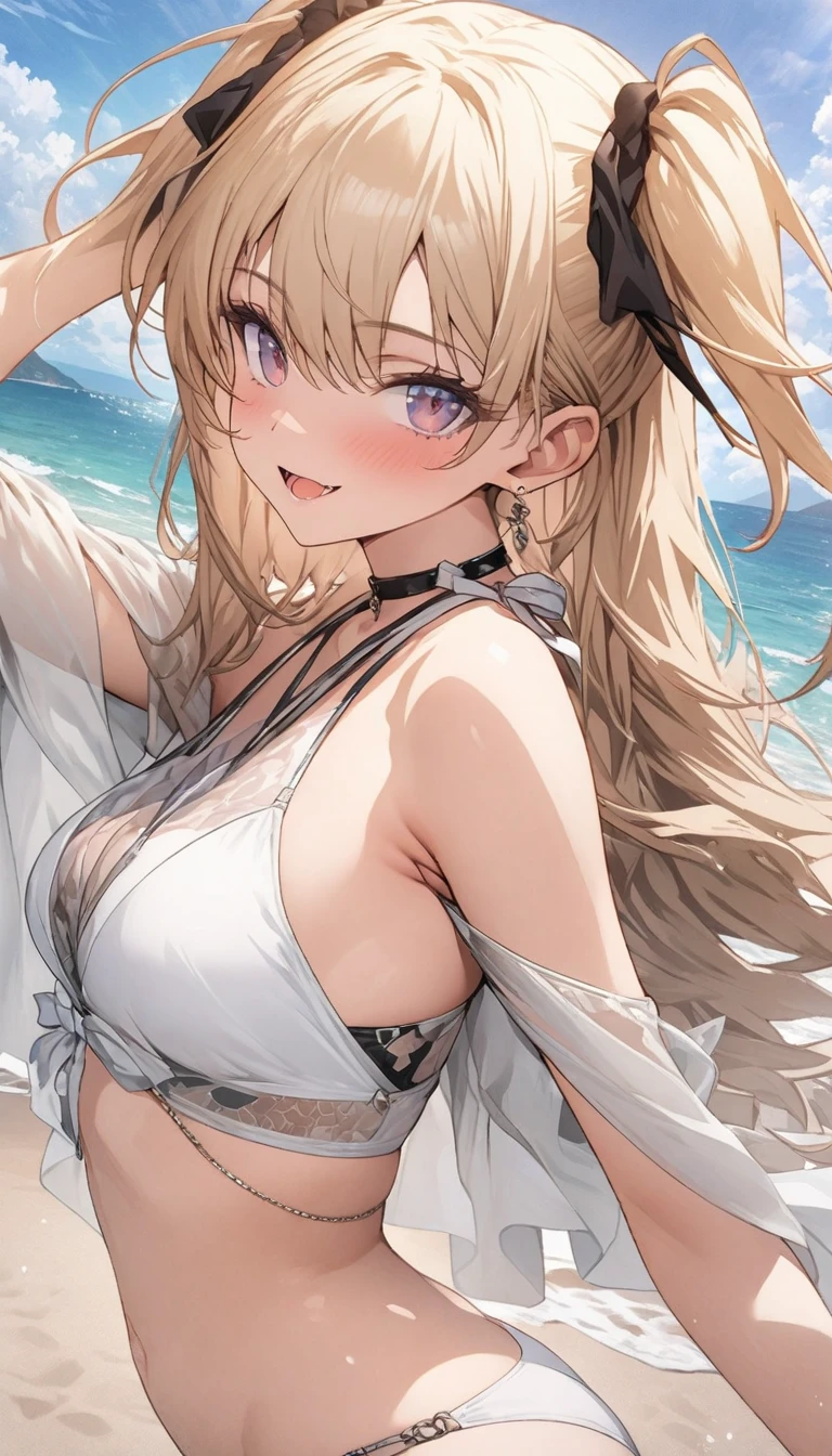 masterpiece, rich colors, Best quality, detailed, high resolution, Hyper quality, high detail, , high quality, detailing, skinny y gire beach , bright lighting , Brown eyes, Anime, palm trees, bright lighting, blonde,