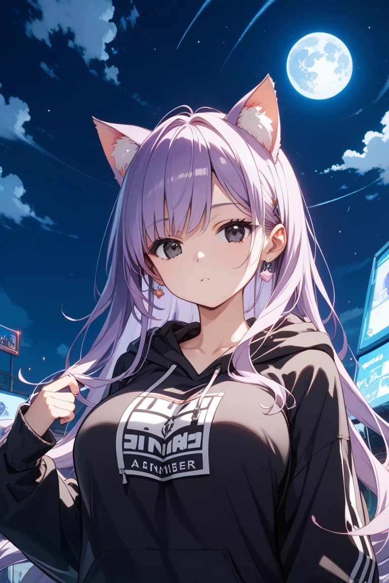 Fox Girl, Big Breasts, Voluminous purple hair, masterpiece , Red eyes、Double teeth、tooth、Blushed cheeks、 hd, from head to chest, buried in my chest、Underbust、Cleavage、hoodie、hot pants、Black knee socks