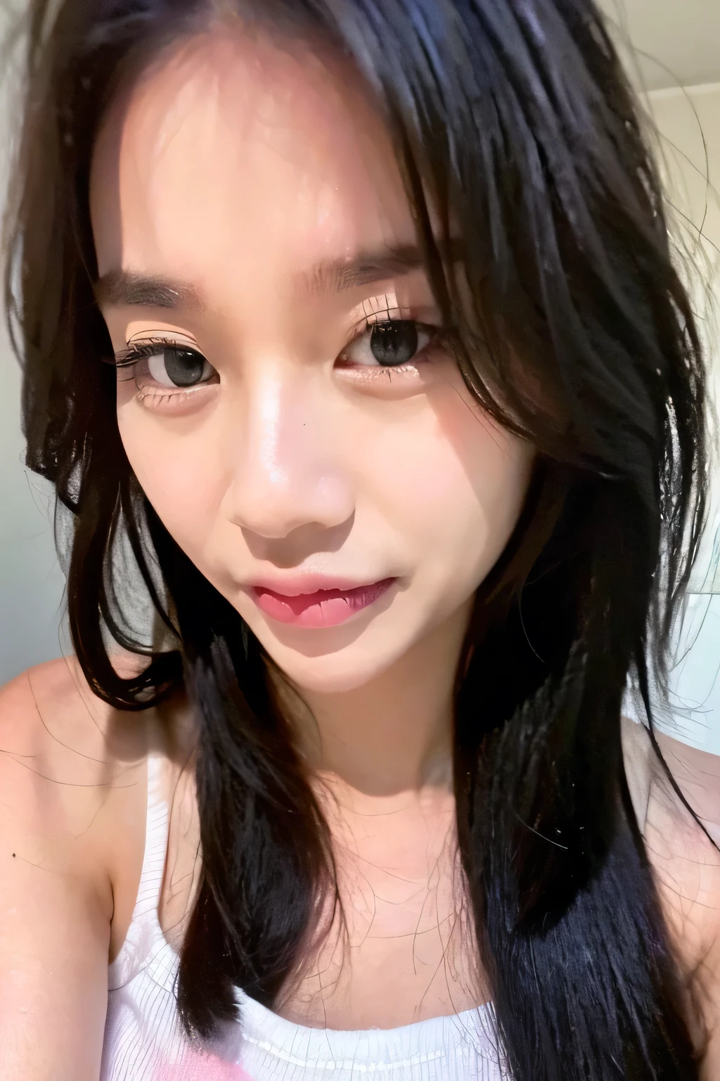 (Masterpiece), (Best quality:1.4), (ultra high resolution:1.2), (photorealistic:1.4), (8K, raw photo:1.2),(portrait shot:1.3), bmangpor, 1 flirty girl, One, long hair, Black hair, Upper body, navel, NSFW, SUPER CUTE AND ADORABLE, STUNNINGLY BEAUTIFUL, hyperrealism pushed to extreme, incredibly lifelike