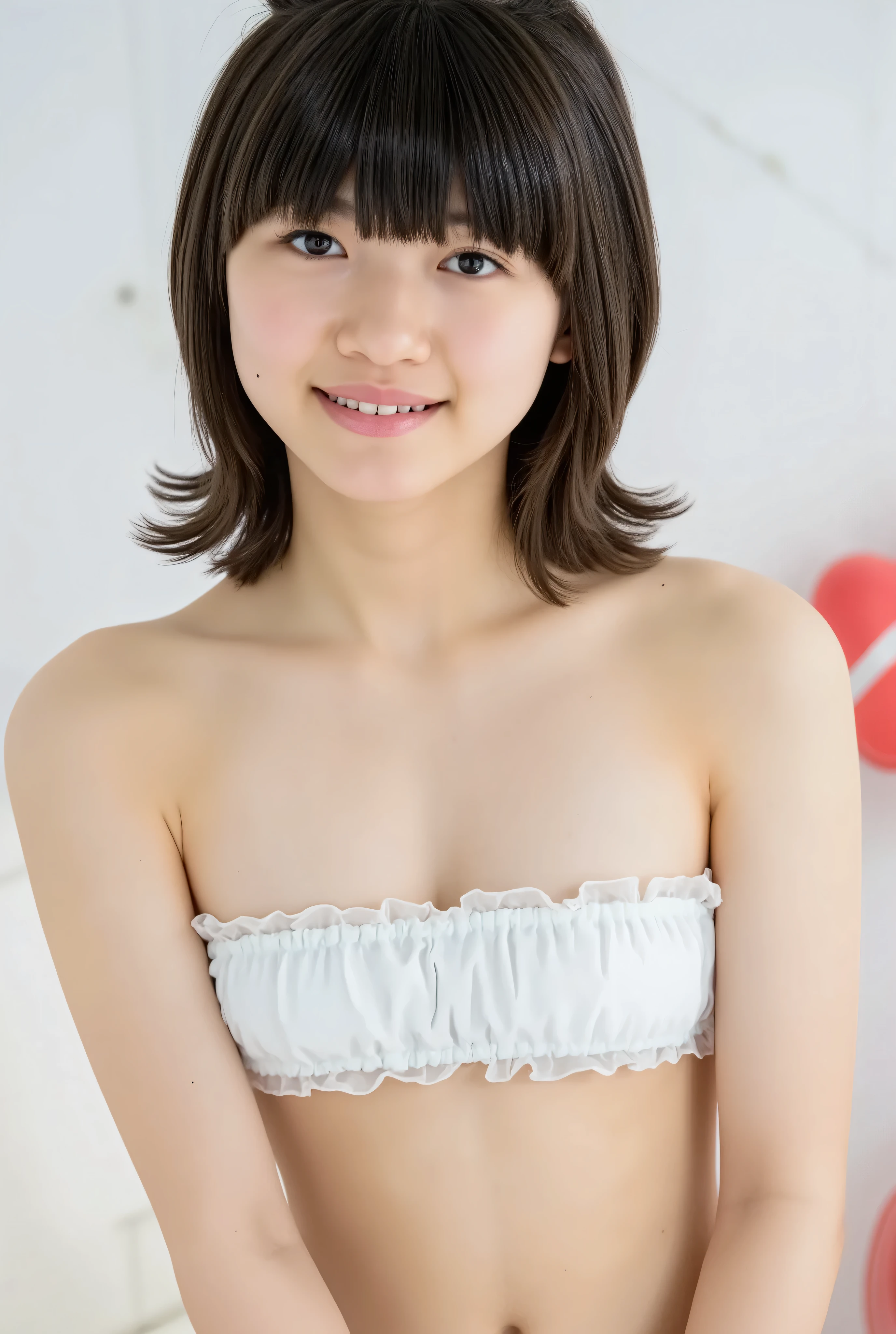 highest quality, High resolution, realistic pictures, detailed skin texture, Cute 12 year old Japan girls, view audience, slim body shape, charming gaze, Fair skin, baby face, (flat chest:1.2), long straight hair, (loli:1.2), smile showing teeth, white underwear, At the bed, from the front