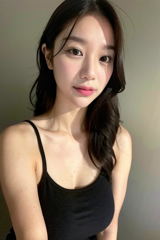 high quality,masterpiece,Ultra-high resolution,(Realistic:1.4),Beautiful lighting, (Highly detailed CG Unity 8k wallpaper), Beautiful face in every detail,Detailed clothing, 50mm portrait photography, No background、One Girl,Big black eyes, cute, young, Pause, Facial Lighting, Physically Based Rendering,Written boundary depth , Black Hair, (Short bun hair), ((Take from above)), Japanese women、20-year-old、Red knit dress、(Big Breasts)、(Upper Body)、Beautiful young woman taking a selfie, Taken with iPhone camera、In front of a white wall