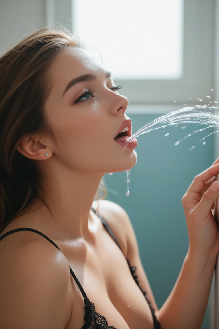 
bearded woman, armpit hair, hirsute body, sticks out tongue in bathtub