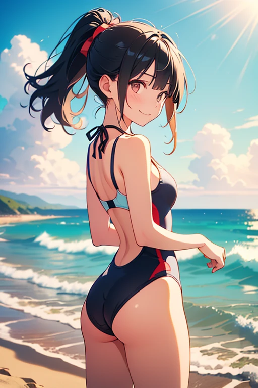 One girl, Bikini about to take off, Lower abdomen exposure、,(((Perfect Anatomy, Anatomically correct, Very detailed肌))),Side tie panties, striped bikini, (fold your hands behind your back:1.5)、Sunburn, Long Hair,, masterpiece, Highest quality, Very detailed、Crotch cutout, No crotch, No pants, Pussy, ,, Medium breast, blush,((Open your feet wide))