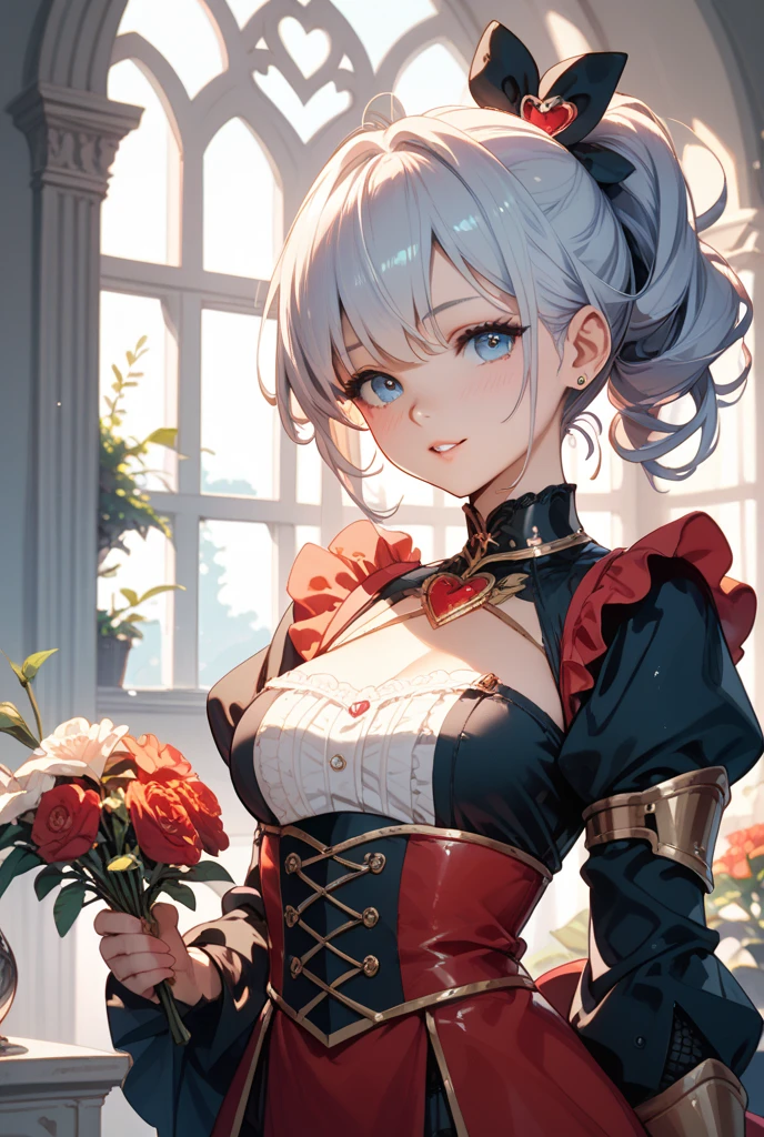 beautiful detailed eyes,beautiful detailed lips,extremely detailed eyes and face,longeyelashes,white hair,blue eyes,short hair in bun with flowers,magical girl dress,extremely detailed clothes, flowers,lilies,roses,,little, little waist,no bust,blushing cheeks,4k wallpaper,high quality render,super detailed render,2D,super detailed,high quality,4k,HD,high quality hair, full body
