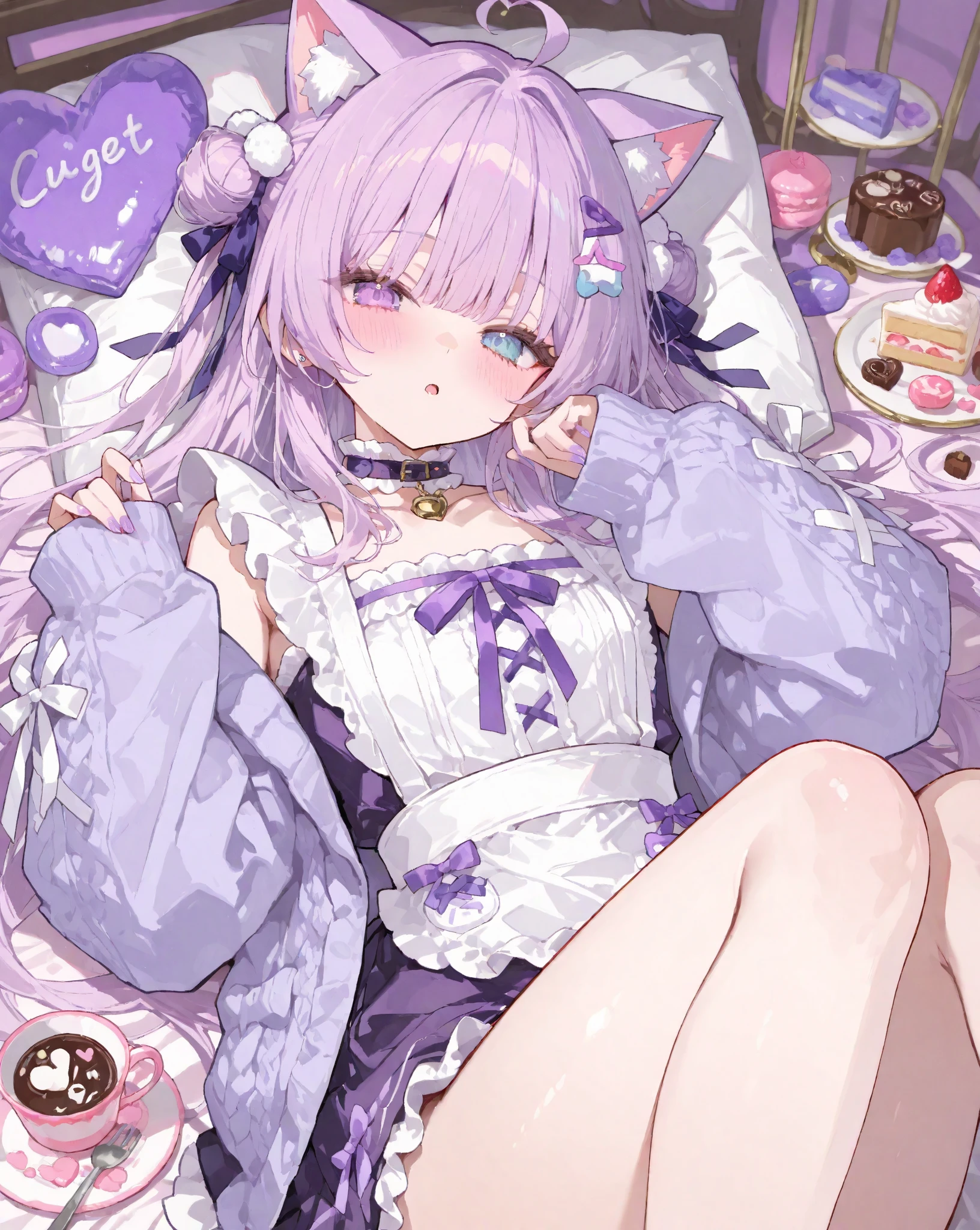 ((masterpiece)), (best quality), (ultra-detailed), photorealistic, (best illustration), ((an extremely delicate and beautiful)), 1boy, solo, long hair, lilac cat ears, [:lilac cat tail under:0.2], full body, very young, Cute, angry, eating muffin, territorial, hiding food from viewer, purple eyes, shortstack, kid, Crumbs on cheeks, glasses, serious face, boyish face, young boy. 