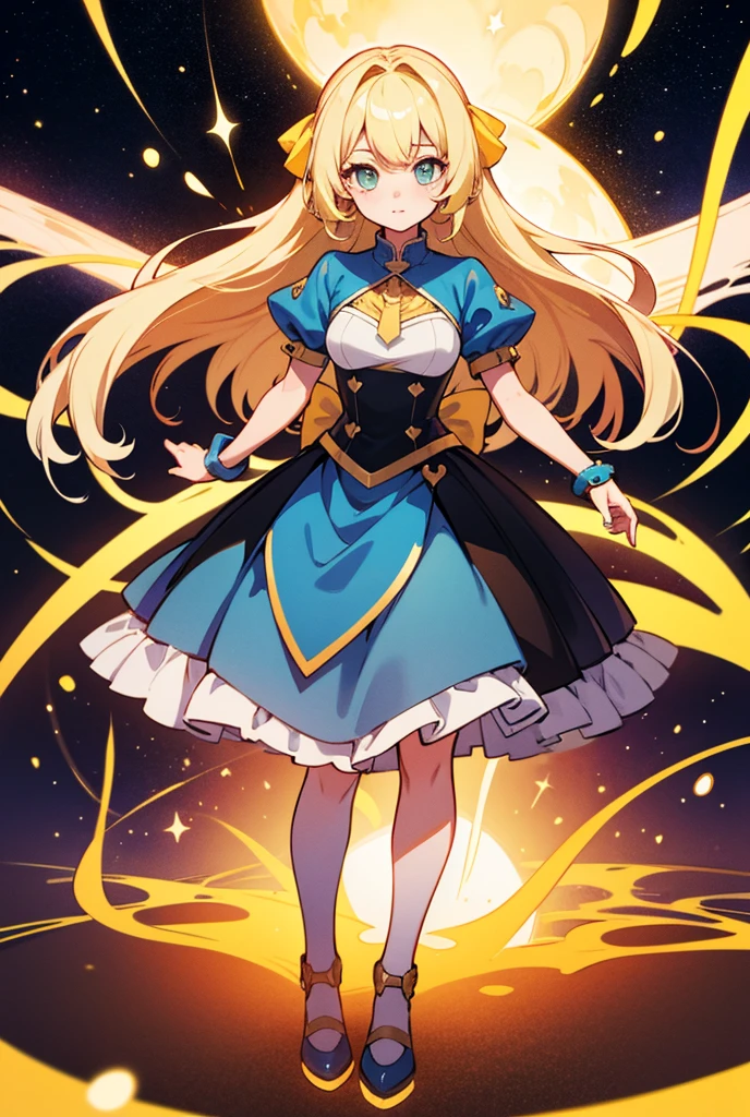 pixel art, 1girl, masterpiece, high quality, eccentric dress, huge dress, purple dress, sparkly dress, dramatic pose, dramatic ribbons, (incredibly frilly dress:1.3), windy, fluttering hair, blond hair, determined smile, smirk, galaxy aesthetic, space aesthetic, hair tied back, stars, dark background, space background, full body, huge breasts, cleavage