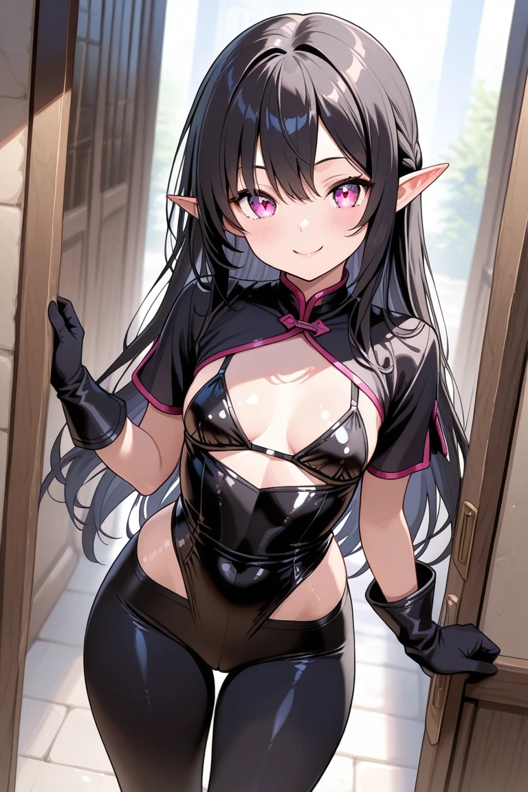 Carefully draw the face High-quality faces in anime style super shiny skin Obscene lines black leotard Purple pantyhose succubus lure smile back view