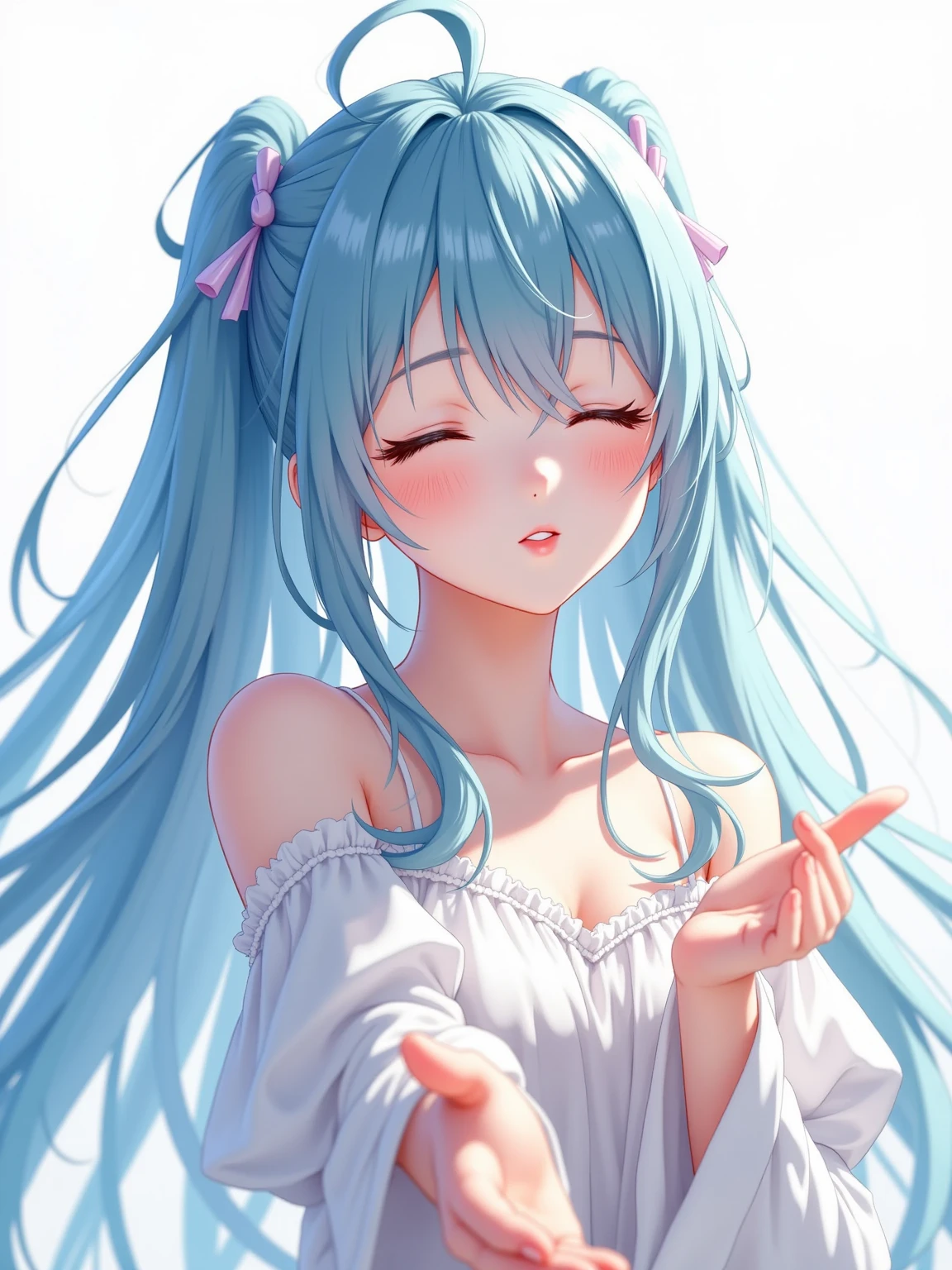 (aqua and white theme:1.3), best quality,Epic,highly detail,Illustration,Cover,enigmatic figure,draped in translucent fabric,crystals adorning hair,dreamlike swirl,pastel hues,soft light,evoking calm serenity and elusive beauty,Non-representational,colors and shapes,expression of feelings,imaginative,highly detailed