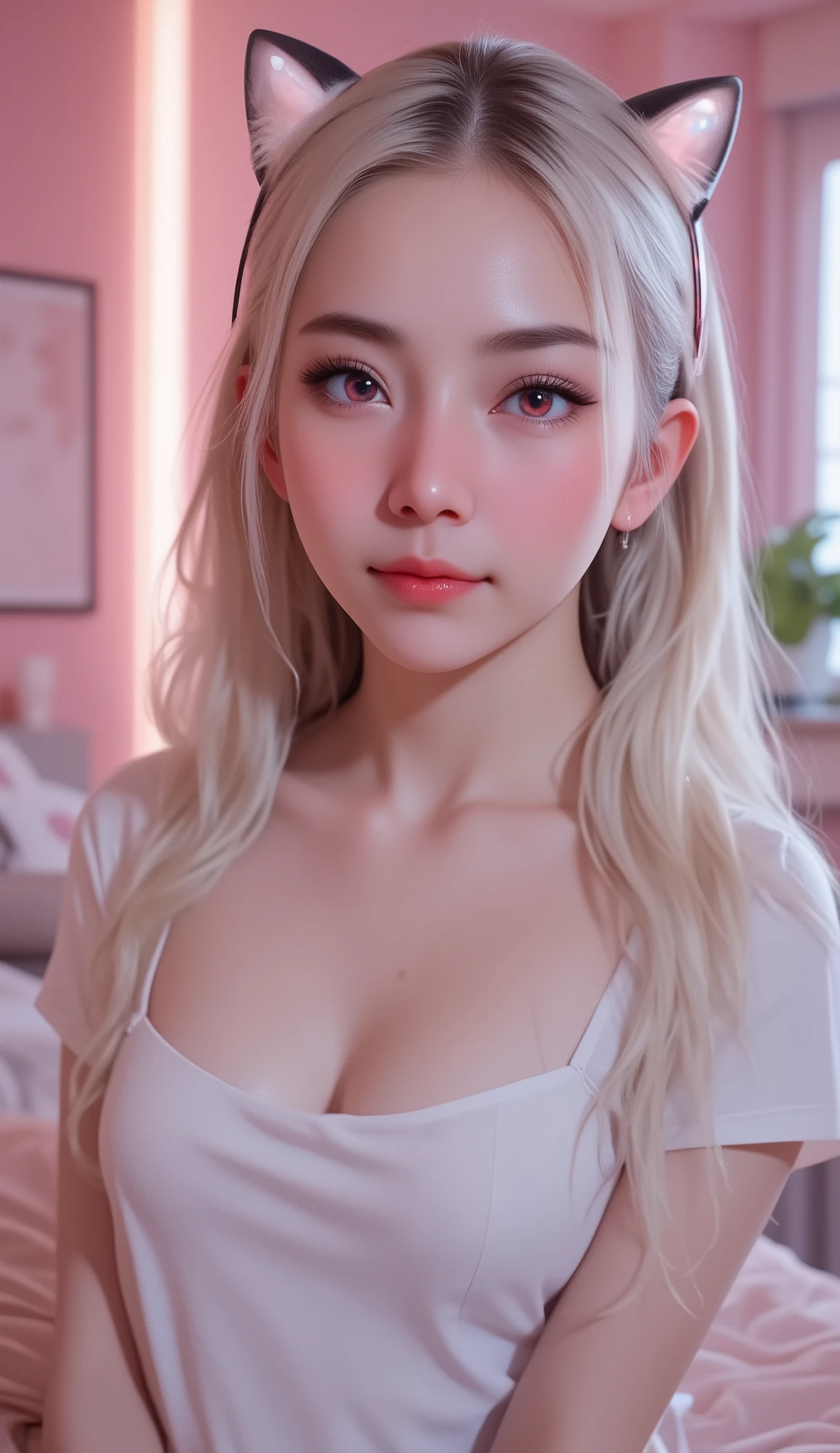 lively、28 years old、big cleavage、V-neck long sweater maxi dress that sticks to your skin、smile、cleavage emphasis，sweaty face，messy hair，Breathless face、While looking at this，face zoom，pink glossy lips、standing pose、get horny、sexy face、,residential street、background bokeh、full shot、((Seductive face)), Drooping eyes、Thin small face、sharp chin、small mouth、sexy lips)