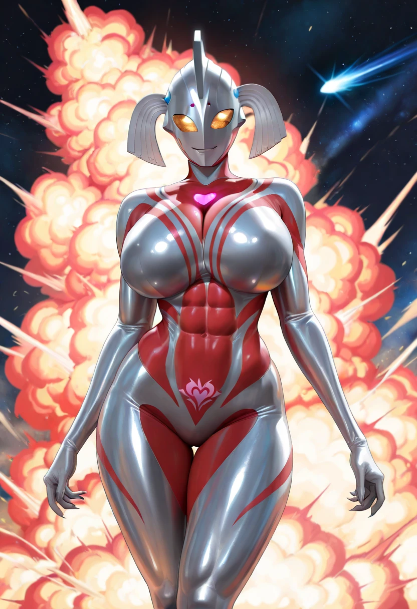 (((Solo))), (((high quality ,best quality, masterpiece, extremely detailed))), (((Mother_of_ultra))), Ultraman Style Girl. Covered in silver and red skin. silver metallic full mask. Villain eyeshadow. Red lines. Glowing crystals on chest. Sharp claws. Huge breasts. Curved waist. Thighs. Inorganic face. Armor-like skin. Honeycomb-patterned skin. Humanoid insect. A glowing pink heart tattoo. Biological light-emitting organ. ((lewd tattoo)), long legs, long arms, ((abs)), (Red bodysuit), Silver bodysuit, big explosion of space-ship, ((Raised crotch)) , ((wide-cut crotch)), athletic body, outer space, 