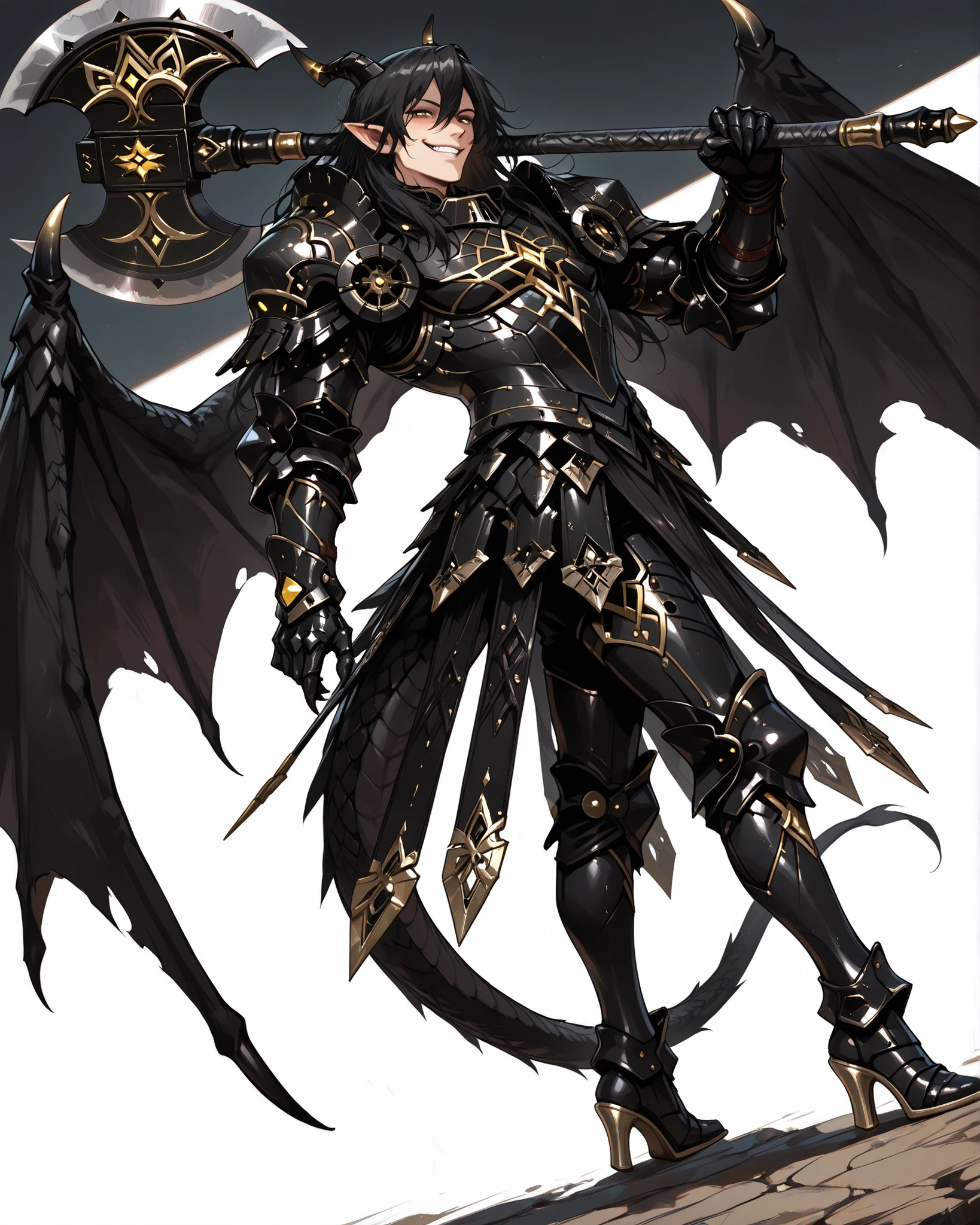 score_9, absurdres, (masterpiece, best quality: 1. 5), highres, 8K wallpaper, CG, (((Anime))), (1 male), solo, lean body, (masculine), (floating in the air), weredragon, japanese anime style, glossy black, shiny black leather, ((beautiful golden eyes, finely detailed eyes, bright eyes, vertical iris)), hair between eyes, black hair, long hair, sideburns, wild hair, unkempt hair, (sly grin, smirk, evil smile), teeth, confident, ((ultra detailed face)), shiny skin, long pointy ears, twisted torso, long-legged, sculpted face, wasp waist, dragon horn, dragon tail, dragon wings, dragon sharp claws, (black armor with a lot of grandiose decorations), half dragon half human, dramatic angle, dynamic posture, ((holding giant axe on shoulder)), ultra detailed black armor, black armor with gold accent, all black outfit, full body, emphasize face, focused expression, sharp focus, good-looking man, well-polished black armor, charismatic pose, (best illustration), cinematic, dramatic lighting, (intricate detail, super detail, extreme detailed, super detailed: 1. 5), (highly detailed artwork), dramatic shadows, tenebrism, chiaroscuro, wonderful pose, chiseled features, stark contrast, heavy shadows, detailed black decorations, beautiful and aesthetic, photoreal, from side, (mysteriously crafted black metal armor: 1. 5), sparkling accessories, thick and luxuriant hair, ultra detailed fantasy black armor, dressed in black, broad shoulder, true-to-life visuals, artistically refined, dramatic contrasts, ((extremely delicate and beautiful armor, elaborate armor details)), (dark armor, stylized armor), exquisite goldwork, wonderful black armor, armor with intricate engravings, ((armor-type high heels)), ((detailed shoulder armor with intricate engravings, gold accent black armor)), (128K Ultra High Resolution), very gorgeous and dazzling, dark fantasy black knight, slim waistlines, wide chested, sinewy body, simple white background, (((Hyper Detailed & Perfectly Designed Black Armor)))