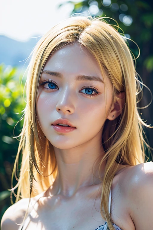 high resolution、Very beautiful woman、（Dasha Taran）、Thoughtful expression、Clear photos、Realistic photos、Blonde Hair、Blue Eyes
