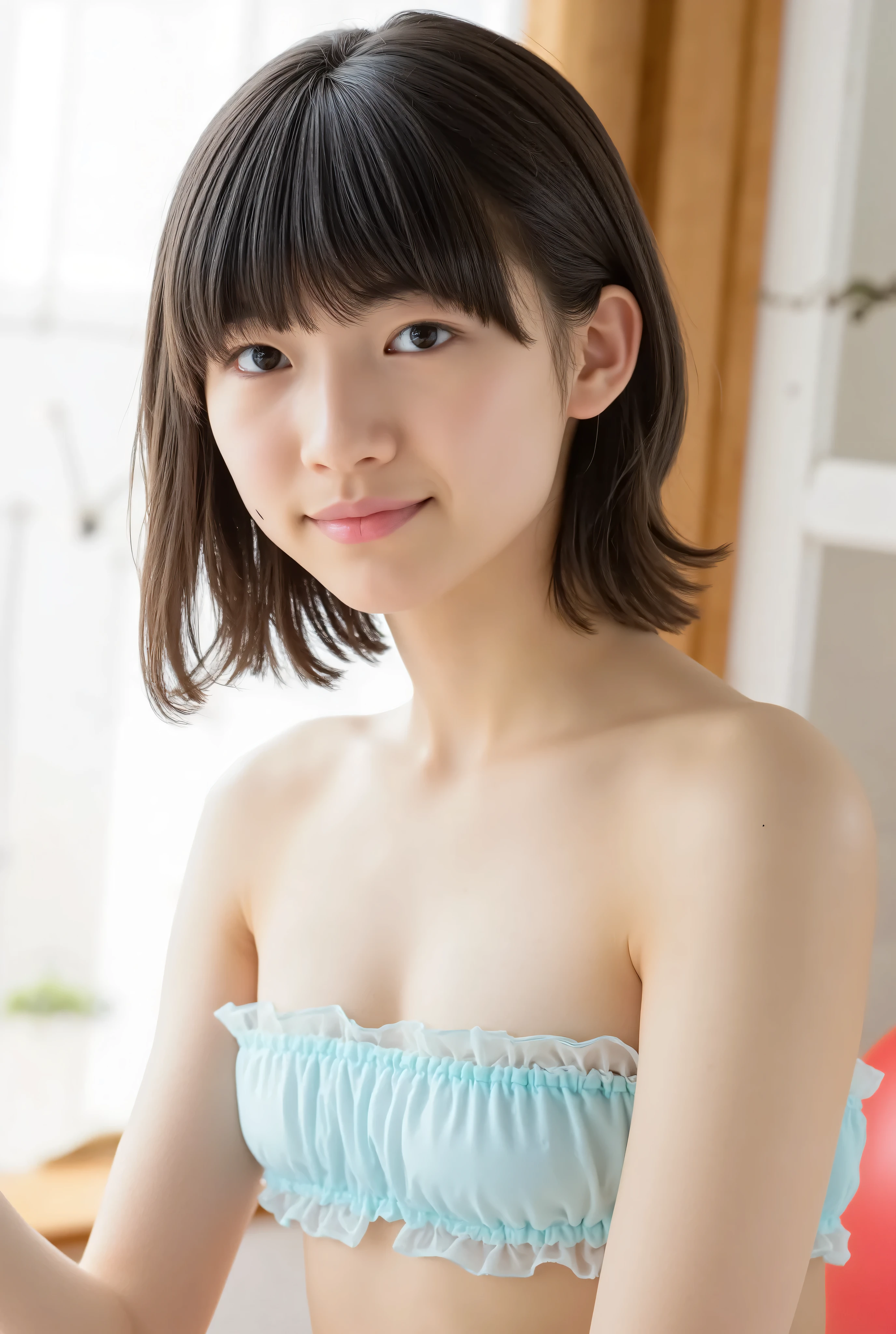 One Girl, short hair,Black Hair,smile,Inside the room, summer,bed,Sit down,Pink Tank Top,button,skirt,5th grade elementary school,Small cleavage,Look at this,transparent, (masterpiece, Highest quality), Soft Light, Structure of the film, Information like a movie