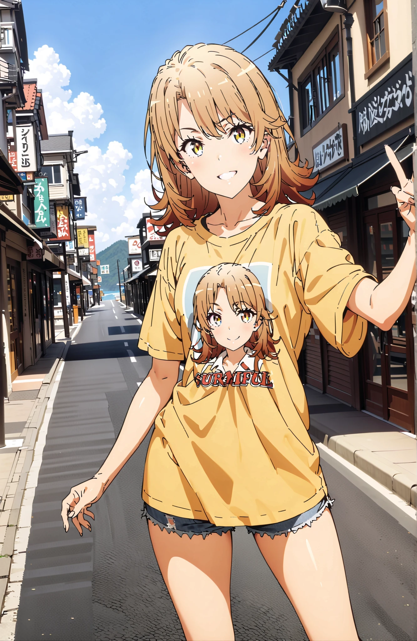 Iroha Isshiki,half up do,oversized t-shirt,denim micro shorts,Bare legs,sneakers,Baseball hats,standing,double peace sign,smile,blush,grinning,Beautiful Scenery, Beautiful Streetscapes,Daytime summer,,in their 40s outdoors,Coastal Road,strand,
in their 40s looking at viewer,full body,
in their 40s (masterpiece:1.2), best quality, high resolution, Unity 8Kの壁紙, ( 's art :0.8), (beautiful detailed eyes:1.6), very detailed face, perfect lighting, Highly Detailed CG, (perfect hand in h, Completed),