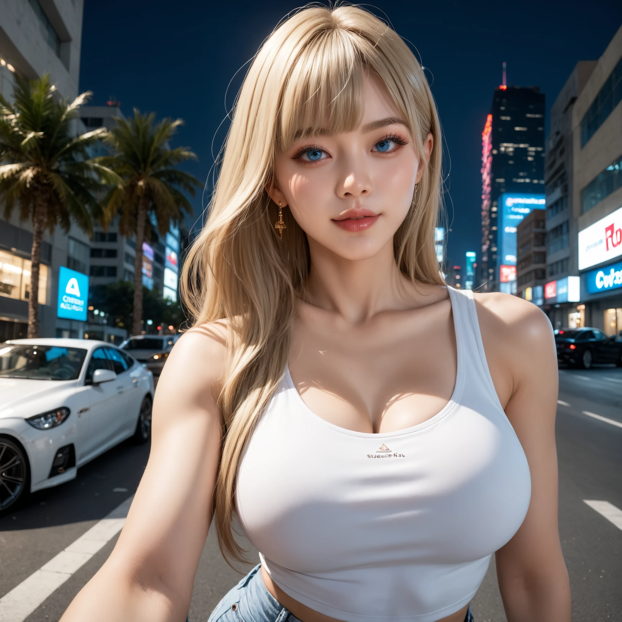 1girl, (Blue Eyes), (smiling :1.2), (Sana Minatozaki), (beautiful makeup :1.2), wide hips, Big tits, big ass, toned legs, shiny body, (Best Quality, 8k, Masterpiece: 1.3), Clear Focus: 1.2, Perfect Body Beauty: 1.4, strong abs, Highly detailed face and skin texture, detailed eyes, double eyelids, (blond long straight hair :1.3), (cleavage black tube top :1.2), (tight tits :1.2), (jeans), standing, dynamic pose, on the streets of dubai