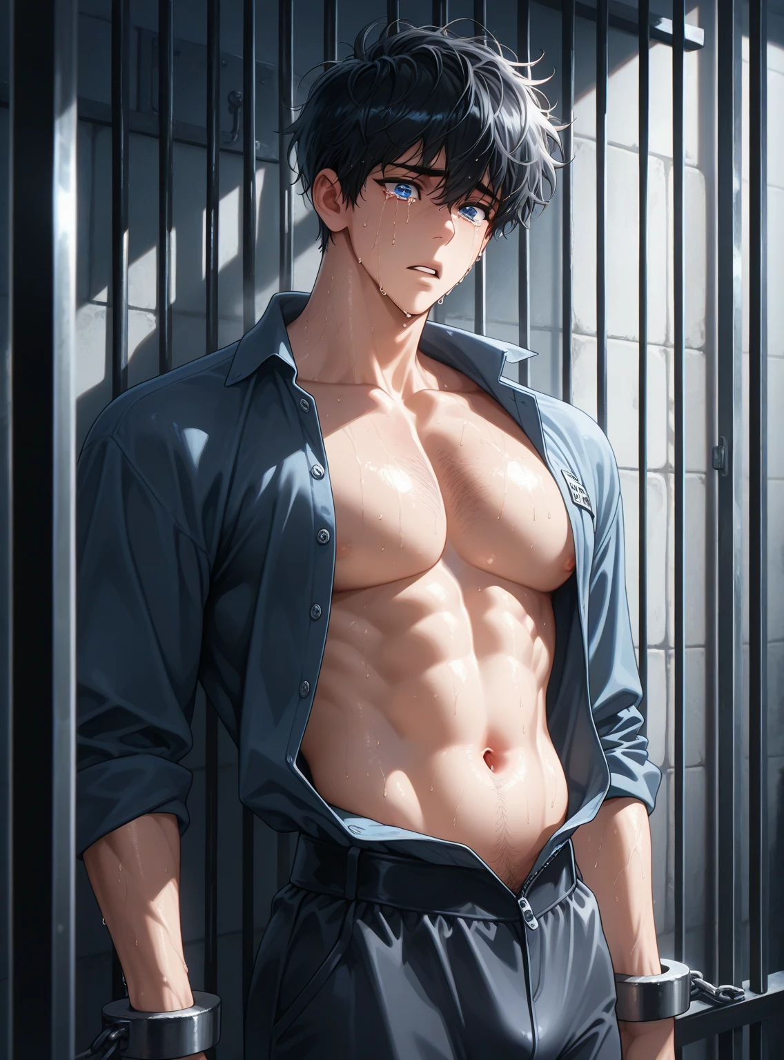Hot anime boy pulling his pants down and shows hairy belly button and abs