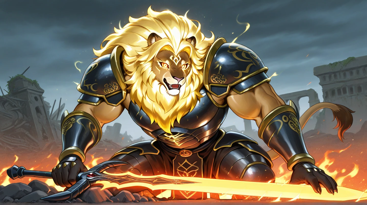 An anthropomorphic lion, Humanoid Beast with an imposing and majestic muscular body, with a golden mane that flutters like living flames. His gaze is fierce, with incandescent eyes that reflect an ancient power. He wears armor forged in dark metal, covered in mystical engravings that tell stories of ancient battles. In his right hand a huge sword with magical inscriptions that shine With every move. Her posture is dominant, like a true final boss, with an aura of absolute authority.  Behind it , the ruins of an ancient kingdom stretch under a stormy sky, adding an epic and dramatic touch to the scene.