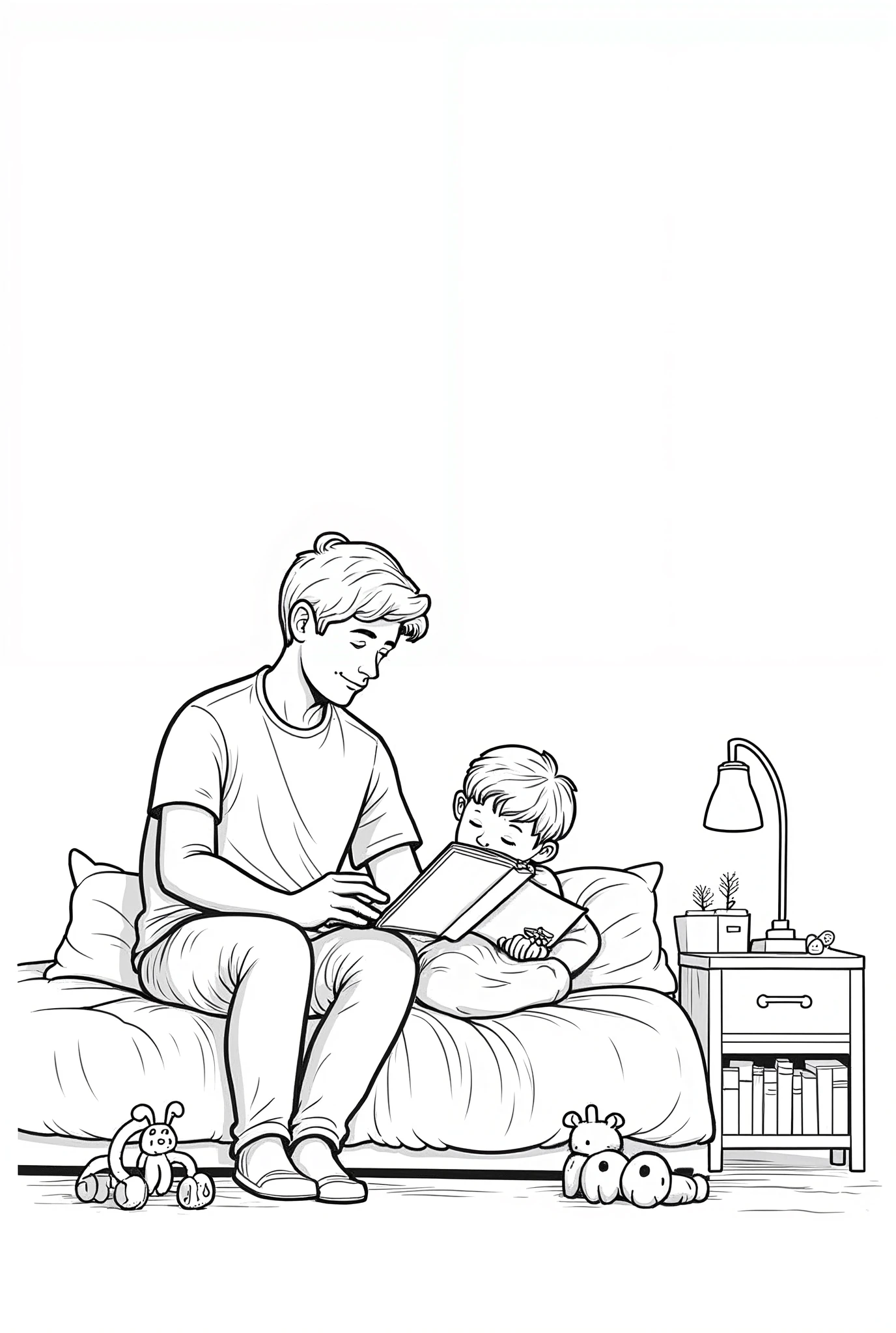 Father reading story to his son during bed time, happy, relaxing composition, accurate proportions, toys, lamp, empty wall on back, books, line art, black and while, realistic, 3/4th view, drawing, clean, lawn farmhouse, realistic details, clear, comical, natural poses, good angle, good and wide view, proportional, wall in back