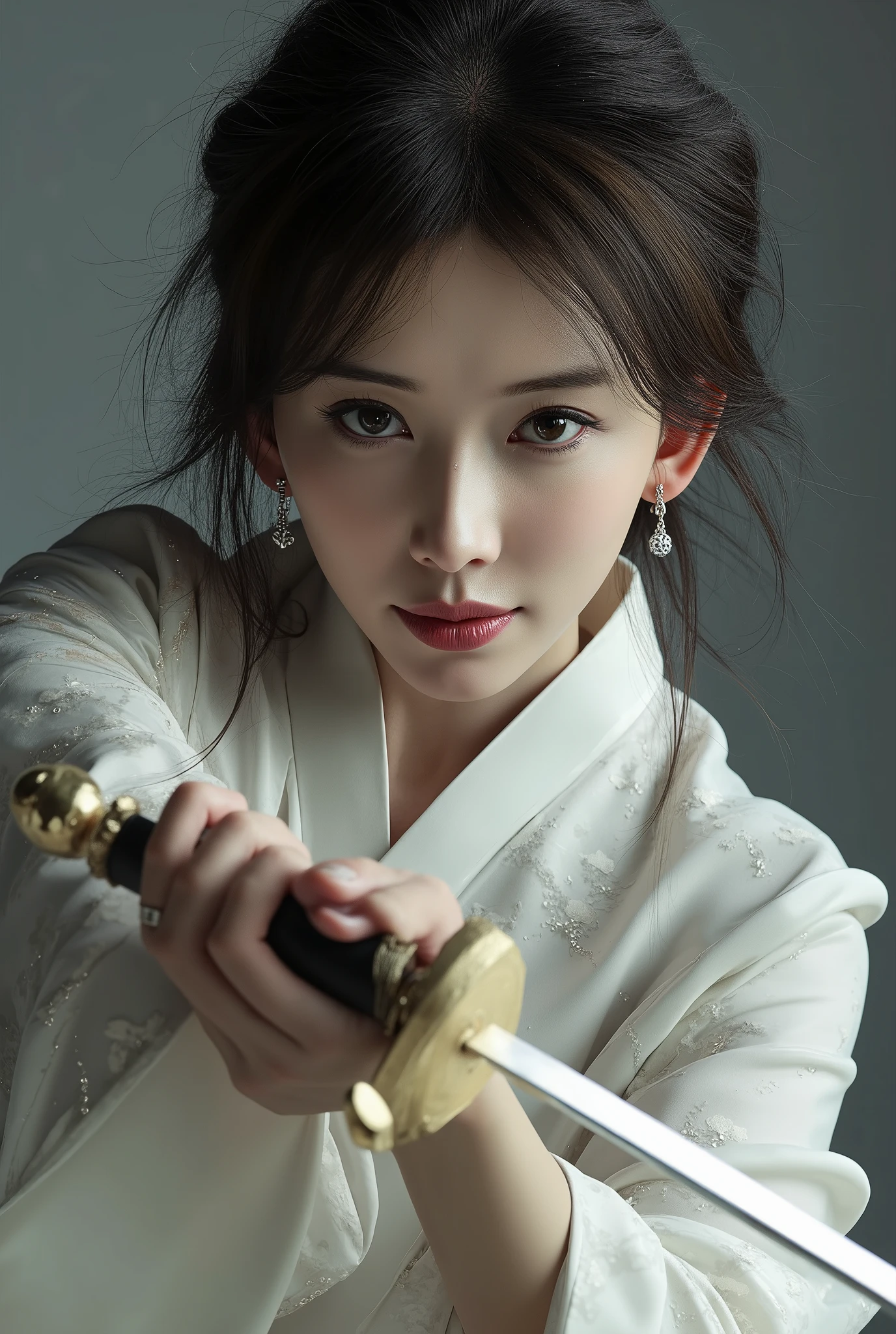 Very beautiful woman, woman holding sword, woman murderous expression, woman luxury white kimono, full body image, woman sexy legs, woman kill you, woman cut throat you by sword