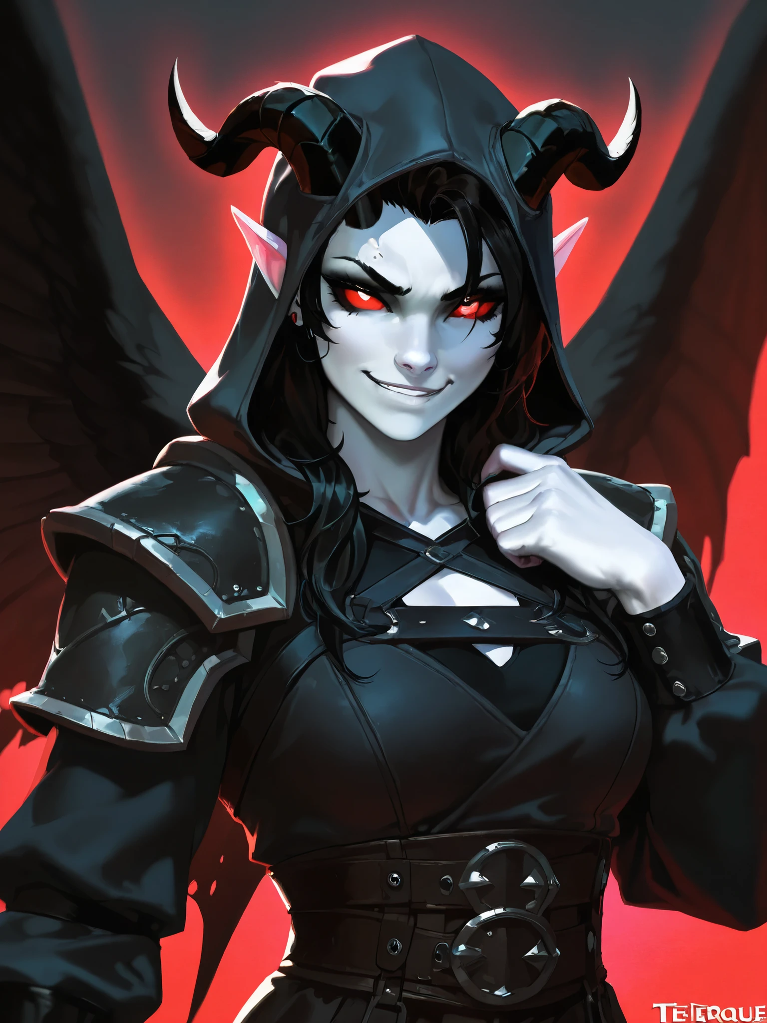 a woman with eyes and long hair, Warhammer universe, wearing military garment, with grim dark elements, in a detailed darkened infrastructure backdrop, surrounded by civilians
