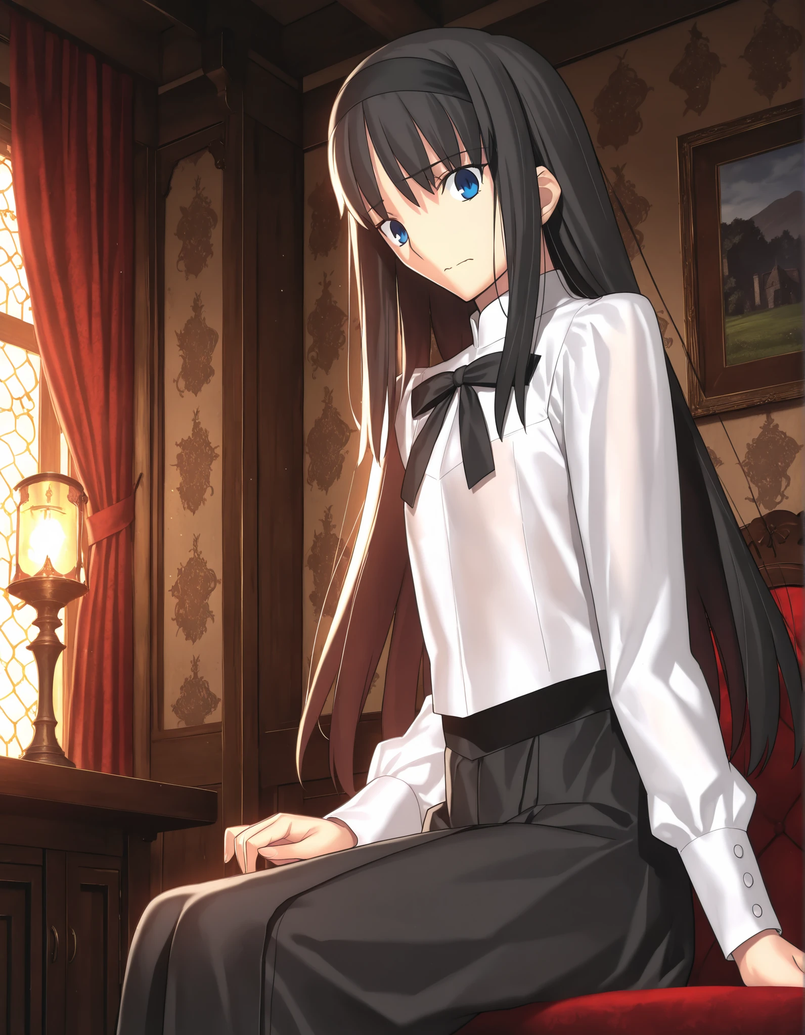 masterpiece, , absurdres, highres, detailed background, high resolution, masterpiece, necessary, detail, best quality, quality, necessary, details, High details, Precise, indoors, medieval interior, gothic, from side,
1girl, , Takeuchi Takashi (type-moon,tsukihime) style, takeuchi takashi style, sitting, take a tea, nervous,
tall girl, mature, Akiha_Tohno, (tsukihime), black hair, bangs, long hair, blue eyes, wide eyed, ,black headband, straight hair, tsurime, ,,
(white shirt, black long skirt), (under wear see-through ), , black ribbon, small breast, flat chest, , looking at viewer, ,