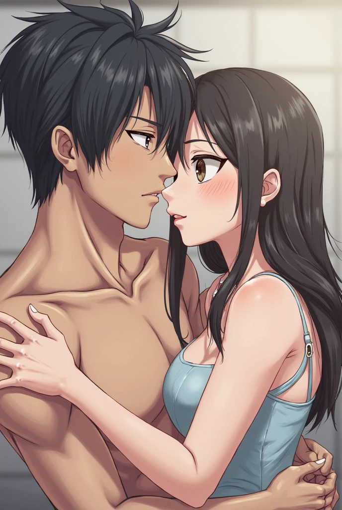1 milf & 2 man, sex scene, purple and slightly black hair, wearing a black tank top, cynical look, angry face, white background, erotic, full body