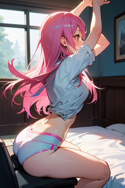 adorable anime lady in a thong and a baggy shirt on a bed, downward dog yoga pose towards the camera