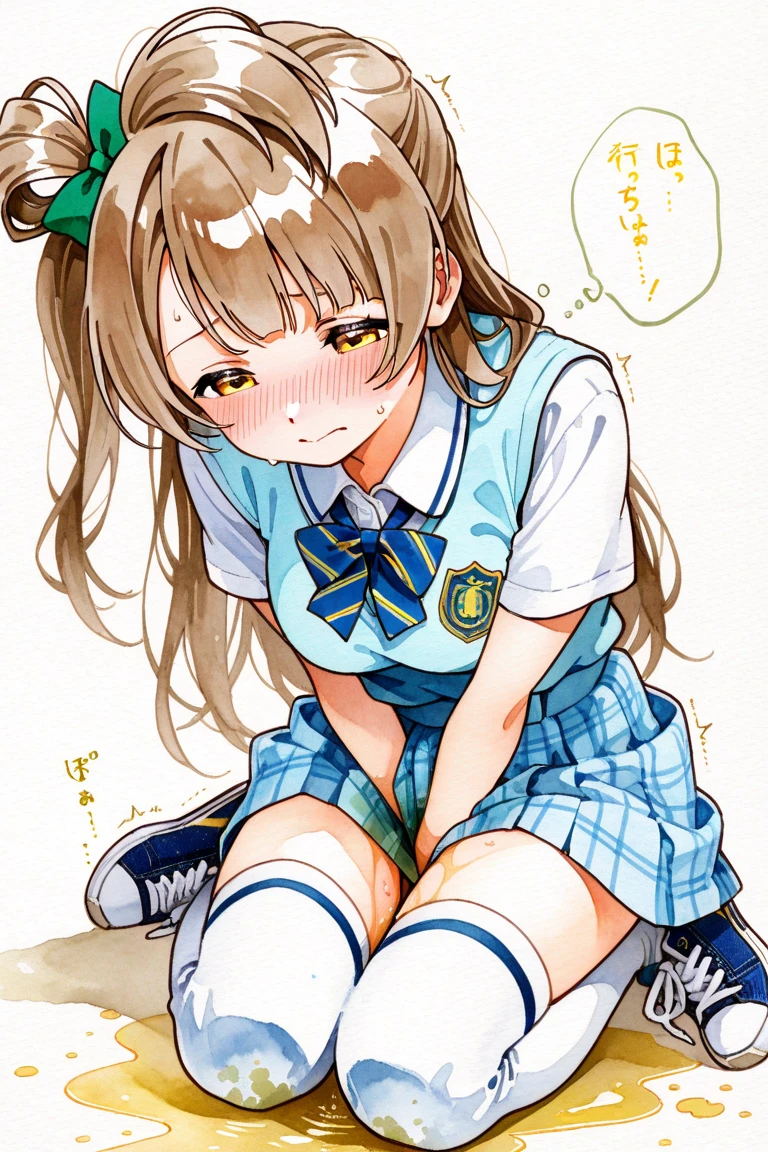 Minami Kotori、lovelive 、One girl in a mini skirt, Sit with your legs wide apart、A seductive smile、Looking down at the viewer, Plump thighs, Highest quality, Focus on the thighs, Spread your legs wide, smile, blazer, blouse, はだけたblouse、Light green panties、Black knee socks, classroom,My crotch is steamy 、Sweaty knee socks、Show the soles of your feet、Sweaty feet、Stain on the pussy line of panties