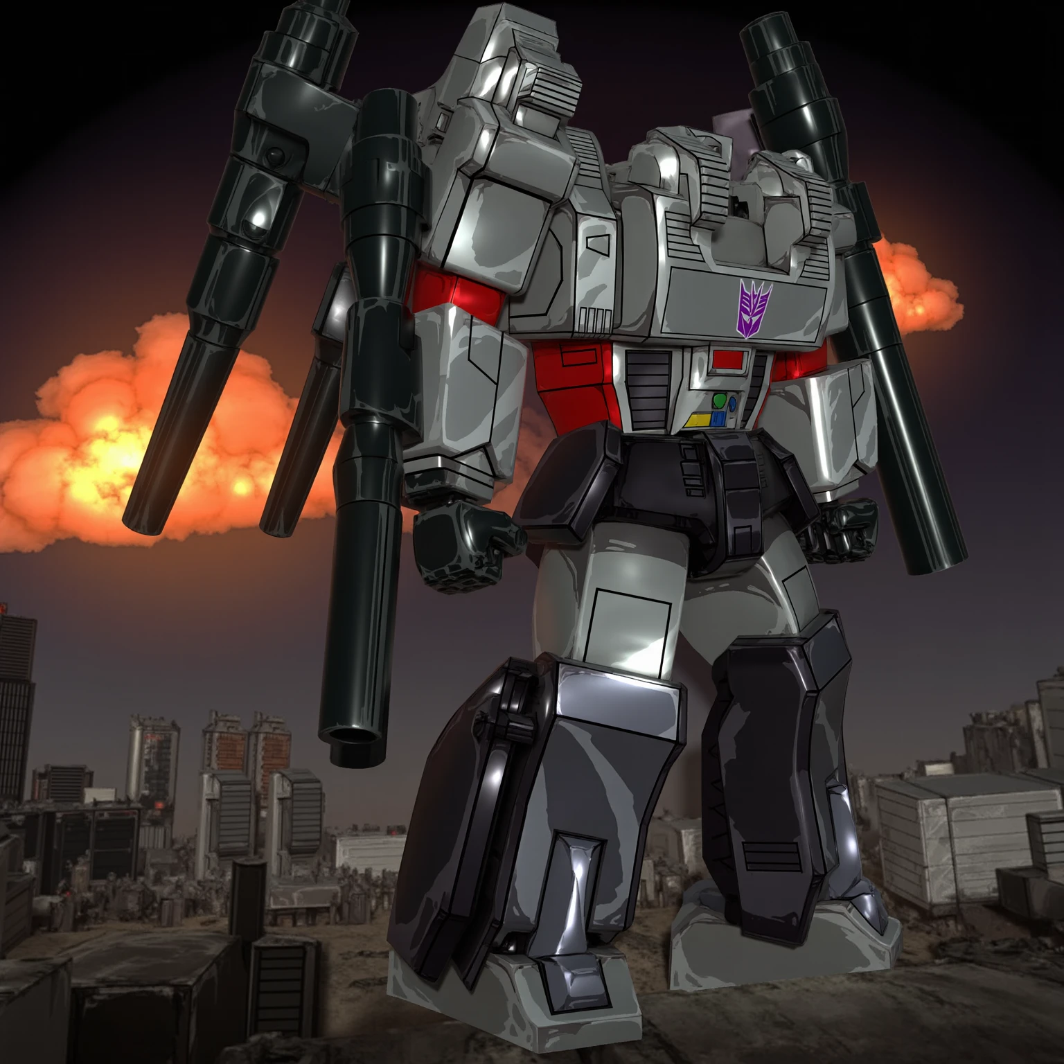 <lora:Megatron:.8> very tall Megatron shotting his arm cannon at a car, sharp red eyes, high detail, sharp focus, photorealistic, hdr, fine lines