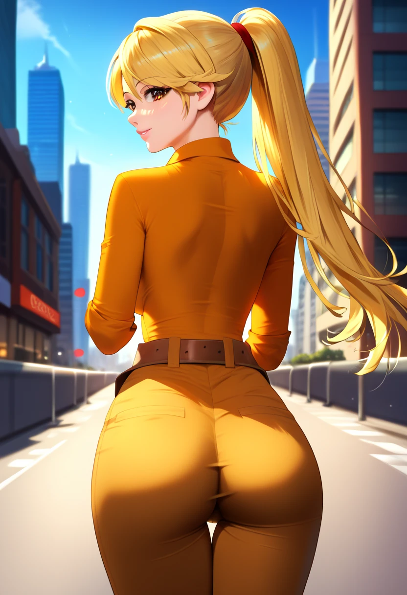 (( straight face picture )) ((best quality)),  ((Masterpiece)), (details), Young woman ,cat ears ,yellow hair , according to green  ,Yellow open-shoulder shirt outfit , jeans skirt , has a tail, big breasts,Big butt ,city
