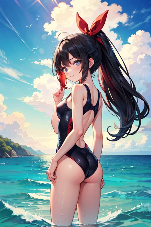 ((masterpiece、top-quality:1.5、a high chroma:1.5、ultra-detailliert、high-resolution illustrations:1.5、Ultra-high-definition CG、8k size wallpaper、offcial art))、((from above:1.5)),(1woman,),(cute face:1.5,cute eyes:1.5)、
(evil smile:1.3)、(sexy body),(on stomach,from behind:1.5),(red micro bikini:1.5)、,(multicolored hair:1.5), (large breasts:1.1)、(erotic oil skin:1.5),(curvy:1.3)、(Portrait)
,(Shining yellow eyes:1.5),(midsummer ビーチ on stomach,from behind:1.5)、(cowboy shot:1.5)、animesque