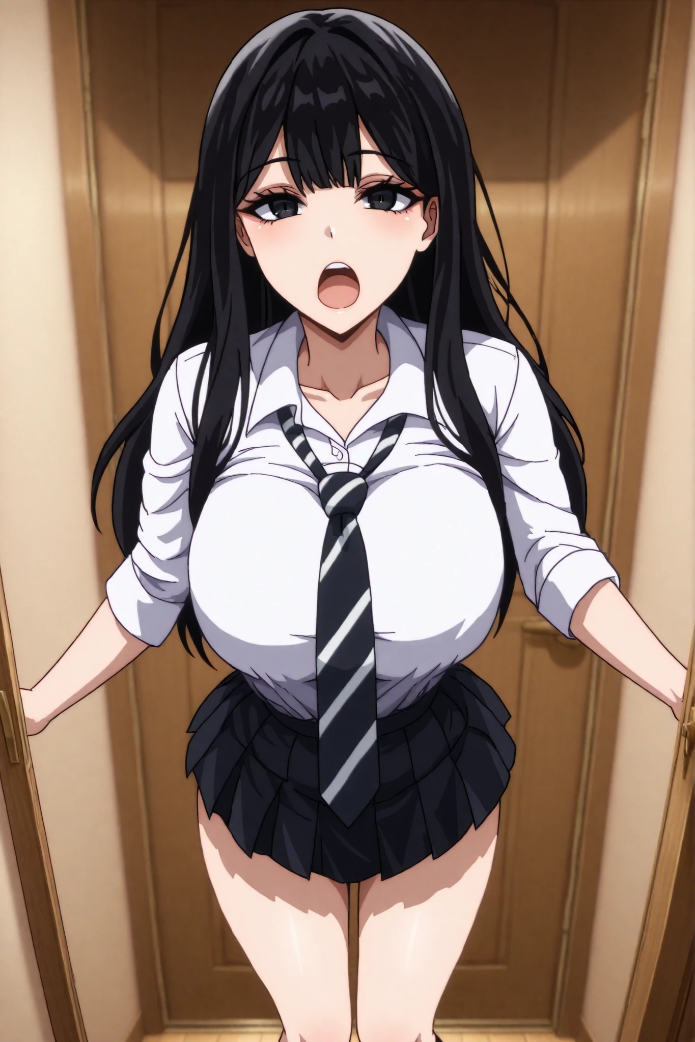 Hikari Kurod,1girl, black hair, black eyes,large breasts, long hair, bangs
school uniform, skirt, necktie, pleated skirt, rolled-up sleeves, shirt, collared shirt, front door, open mouth,