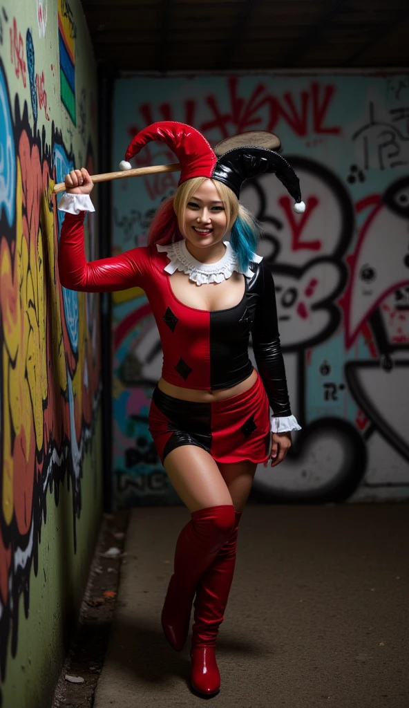 A cute woman in a Harley Quinn cosplay, wearing a sexy red and black swimsuit, striking various provocative poses by the poolside, large fake weapons like baseball bats and mallets scattered around, vibrant colors, highly detailed, photorealistic, 8K, studio lighting, dynamic composition