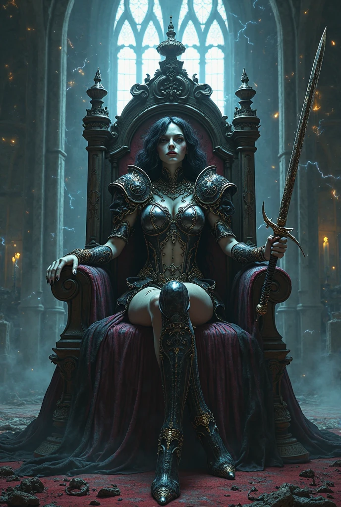 Gothic war goddess, Wearing a tattered black dress，Revealing her pale, Tattoo skin. His eyes are as dark as the night，Surrounded by shadows. He wears a claw collar and a small horn crown.. Sitting on a throne of bones, With an expression of arrogance and power. Dark and mysterious atmosphere, Candles and devil symbol." "A demonic warrior, Half woman, half beast. long, sharp corners, Using claws instead of nails，还有long, Scaly tail. Her black hair is wild and rebellious. He wears armor made of black scales and bones... Wielding a giant axe, With an angry and bloodthirsty expression. Hellish environment, Full of lava and fire. Realistic style. Provocative look.