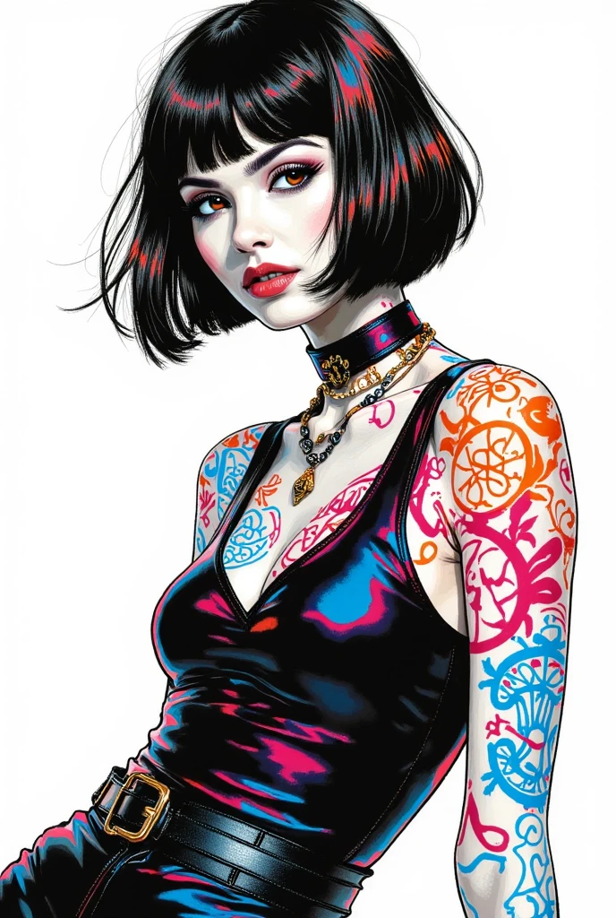 score_9, score_8_up, score_7_up, score_6_up flat colors , sketch, 1girl,solo, slim, pale skin tone, beauty mark, dark red lipstick, regal dressing, fur trimmed yellow sundress, dark background, undercut hairstyle , thic ,(( tattooed ))