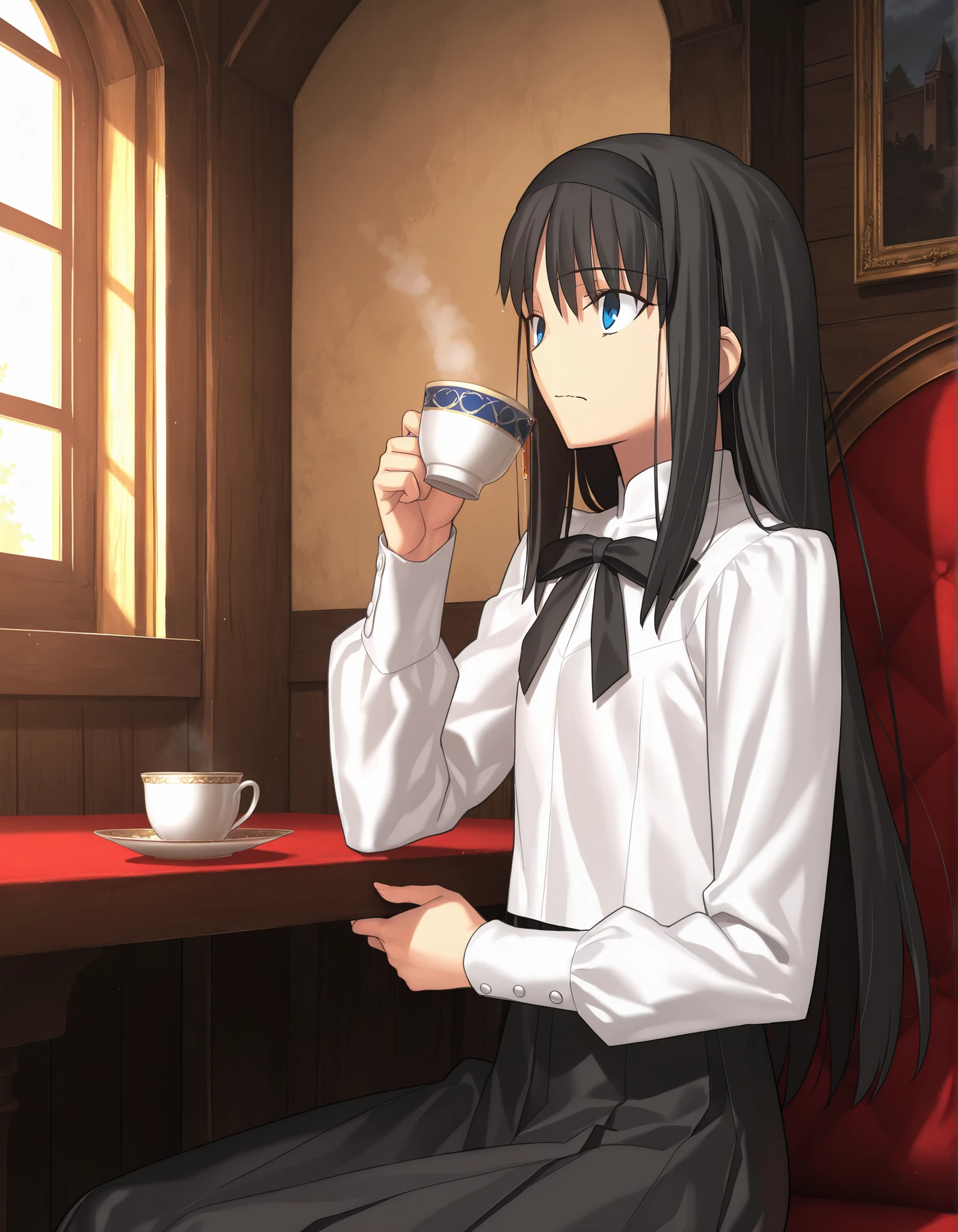 masterpiece, , absurdres, highres, detailed background, high resolution, masterpiece, necessary, detail, best quality, quality, necessary, details, High details, Precise, indoors, medieval interior, gothic, from side,
1girl, , Takeuchi Takashi (type-moon,tsukihime) style, takeuchi takashi style, sitting, drinking tea, nervous,
tall girl, mature, Akiha_Tohno, (tsukihime), black hair, bangs, long hair, blue eyes, wide eyed, ,black headband, straight hair, tsurime, ,,
(white shirt, black long skirt), (under wear see-through ), , black ribbon, small breast, flat chest, , looking up, ,