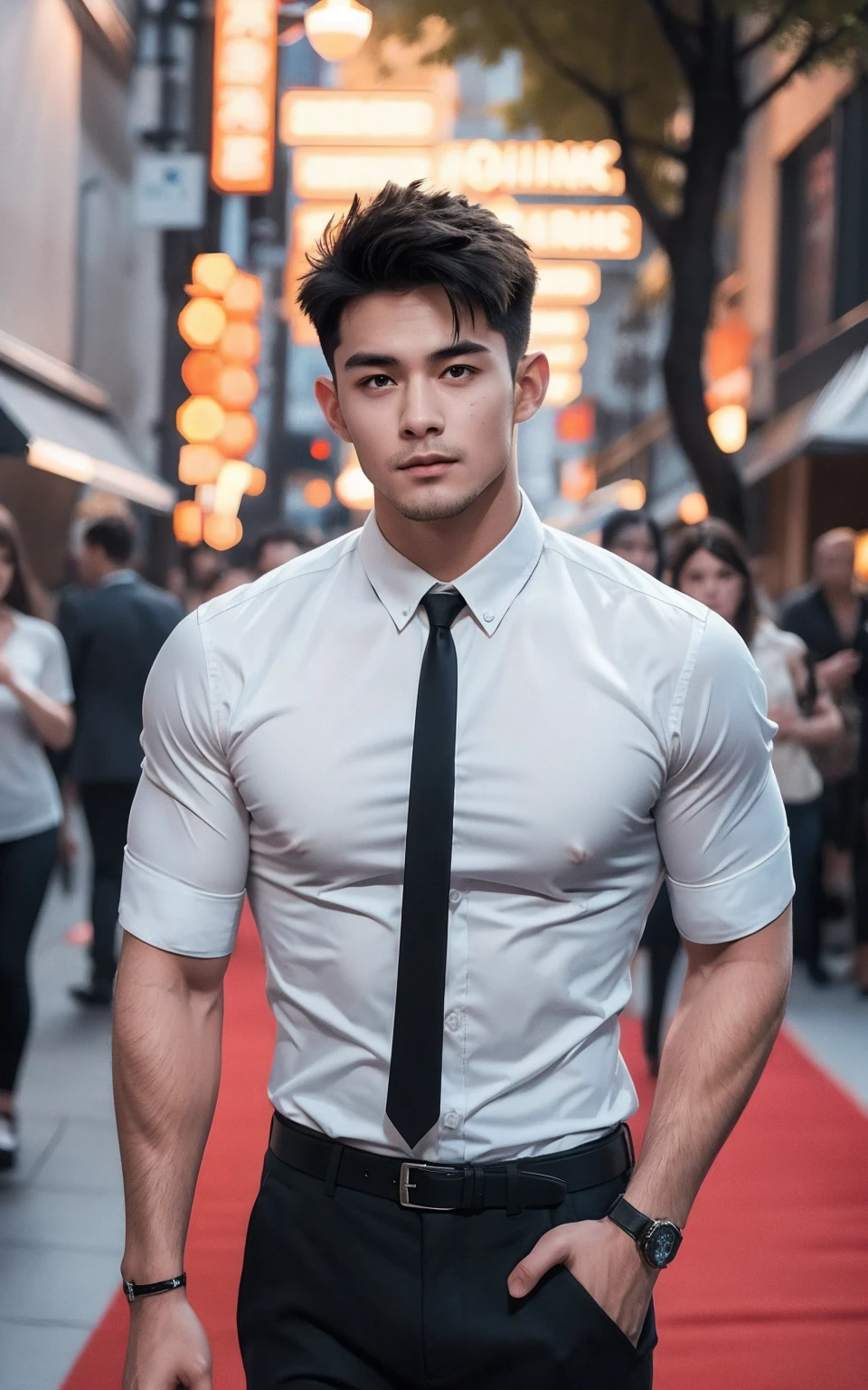 realistic, Masterpiece, Intricate details, Detailed background, Depth of field, muscular, Photo of a handsome man , 20yo, Shirt with shiny latex, Fighting pose, dynamic pose , walking, Thongs, Full body, black boots, holding a bow, with arrows on the back, on the street of a medieval city, (short white hair), Has a touch of mystery and magic, dark clouds, And lightning falling to the ground. voluptuous crotch, white skin, pale,