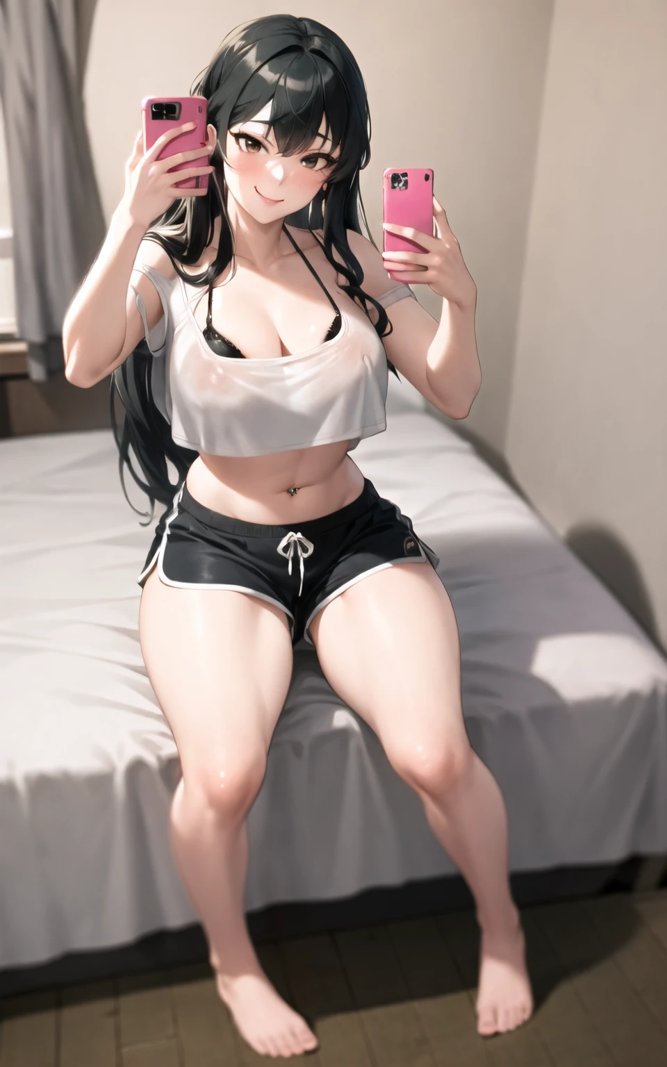 ((Masterpiece)), best quality, absurderes, ultra detailed, super beautiful girl with beautiful eyes, beautiful multicolored white hair, high ponytail, nice and sexy body, (nice hands and fingers), (nice feet) wearing tight boxers with cute drawings and a strapless crop top with an anime drawing, beautiful hair ornament, full body, sexy pose, flirting with viewer, in a bedroom with a video game console and cute plushies