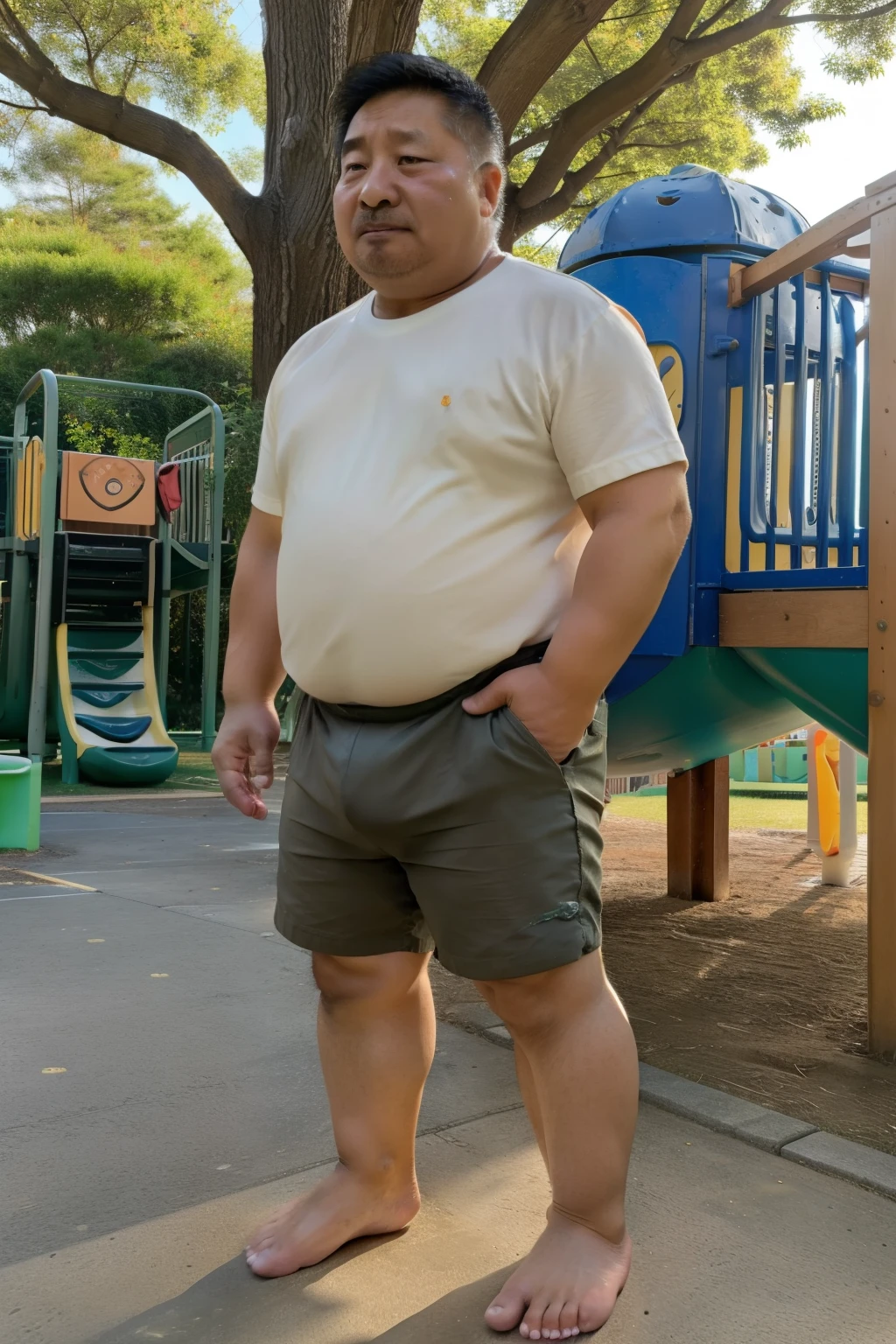 18 year old adolescent garçon, very short hair, shaved beard, in morbid obesity, pèse environ 200 kilograms, se tenant debut les bras croisés, avec un t-shirt gris, un jogging noir et des chaussures gris clair, in an African forest