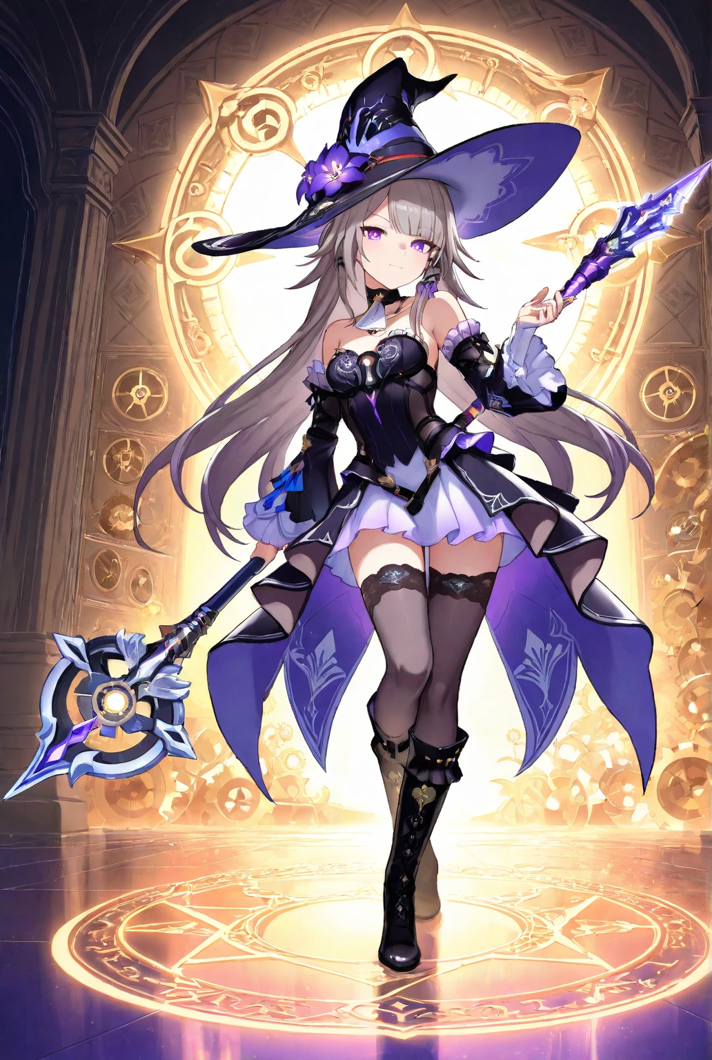 masterpiece, best quality, 1girl, solo, hat, blonde-hair, drill-hair, gloves, breasts, blue-eyes, witch-hat, thigh-boots, thighhighs, boots, elbow-gloves, open-mouth, staff, purple-headwear, smile, dress, full-body, simple-background, cleavage, large-breasts, looking-at-viewer, purple-dress, very-long-hair, purple-gloves, holding, purple-footwear, wand standing-on-one-leg, twin-drills, holding-staff, witch, black-footwear, puffy-sleeves