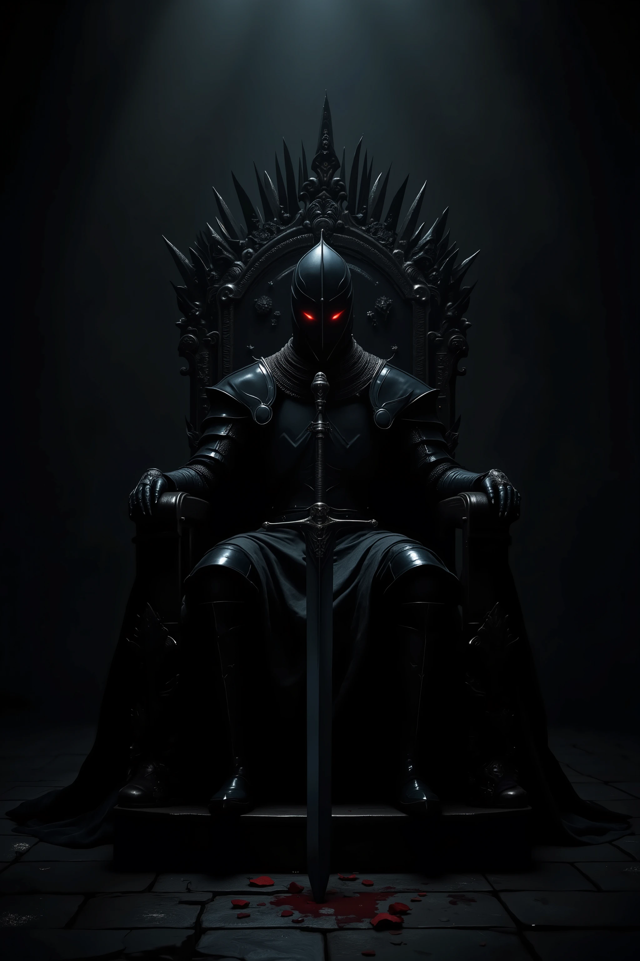 in a dark atmosphere,black knight with jet black arms seated on the throne,Red sharp gaze,with a giant jet black sword thrown to the ground,only the knight that rises against a dark background shines on the light,perfect historical atmosphere,Dark Fantasy,realistic,Masterpiece,Ultra HD,Super rich color,Studio Lighting,Physically Based Rendering,Extreme Details