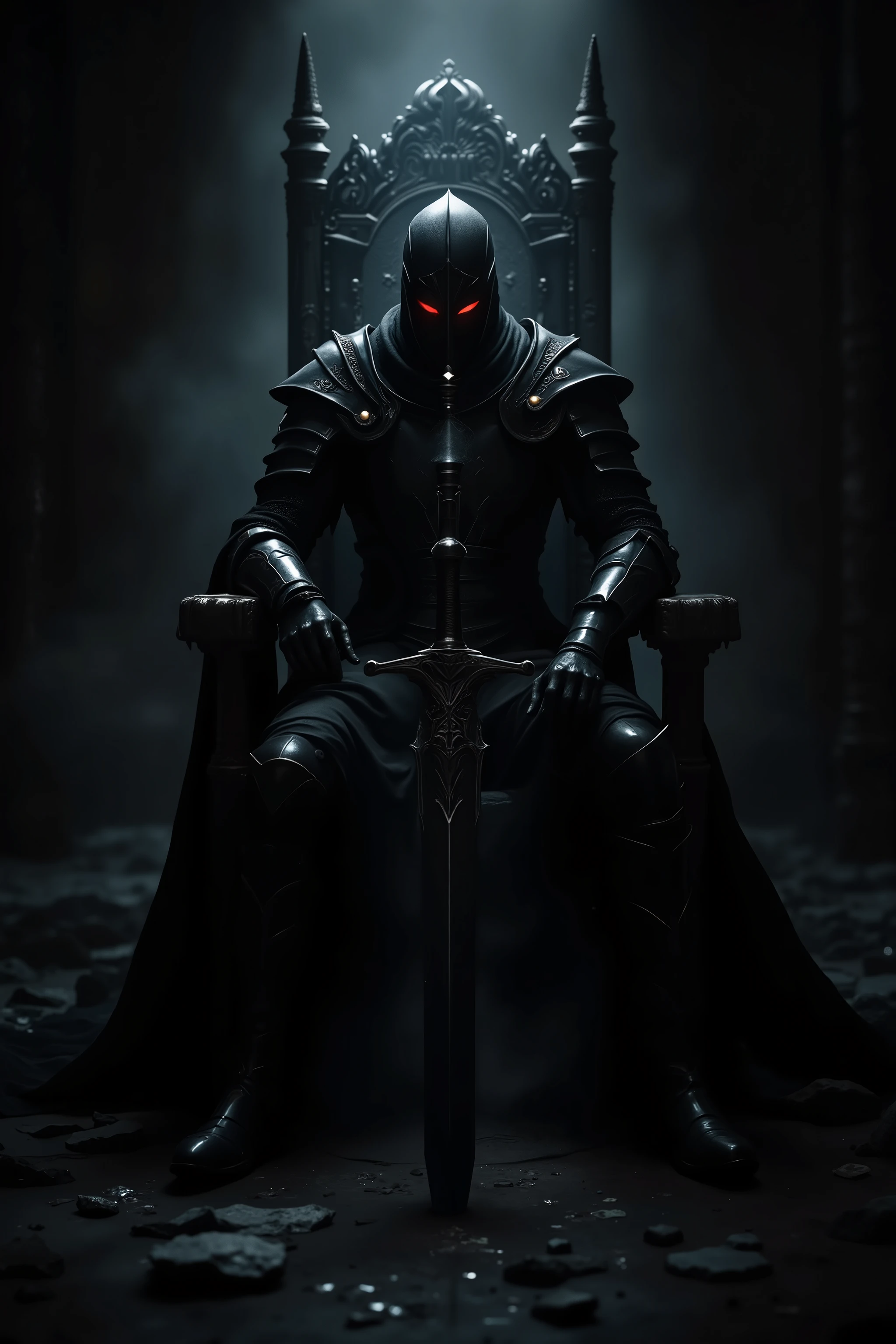 in a dark atmosphere,black knight sitting on a throne wearing jet black armor,Red sharp gaze,with a giant jet black sword thrown to the ground,only the knight that rises against a dark background shines on the light,perfect historical atmosphere,Dark Fantasy,realistic,Masterpiece,Ultra HD,Super rich color,Studio Lighting,Physically Based Rendering,Extreme Details