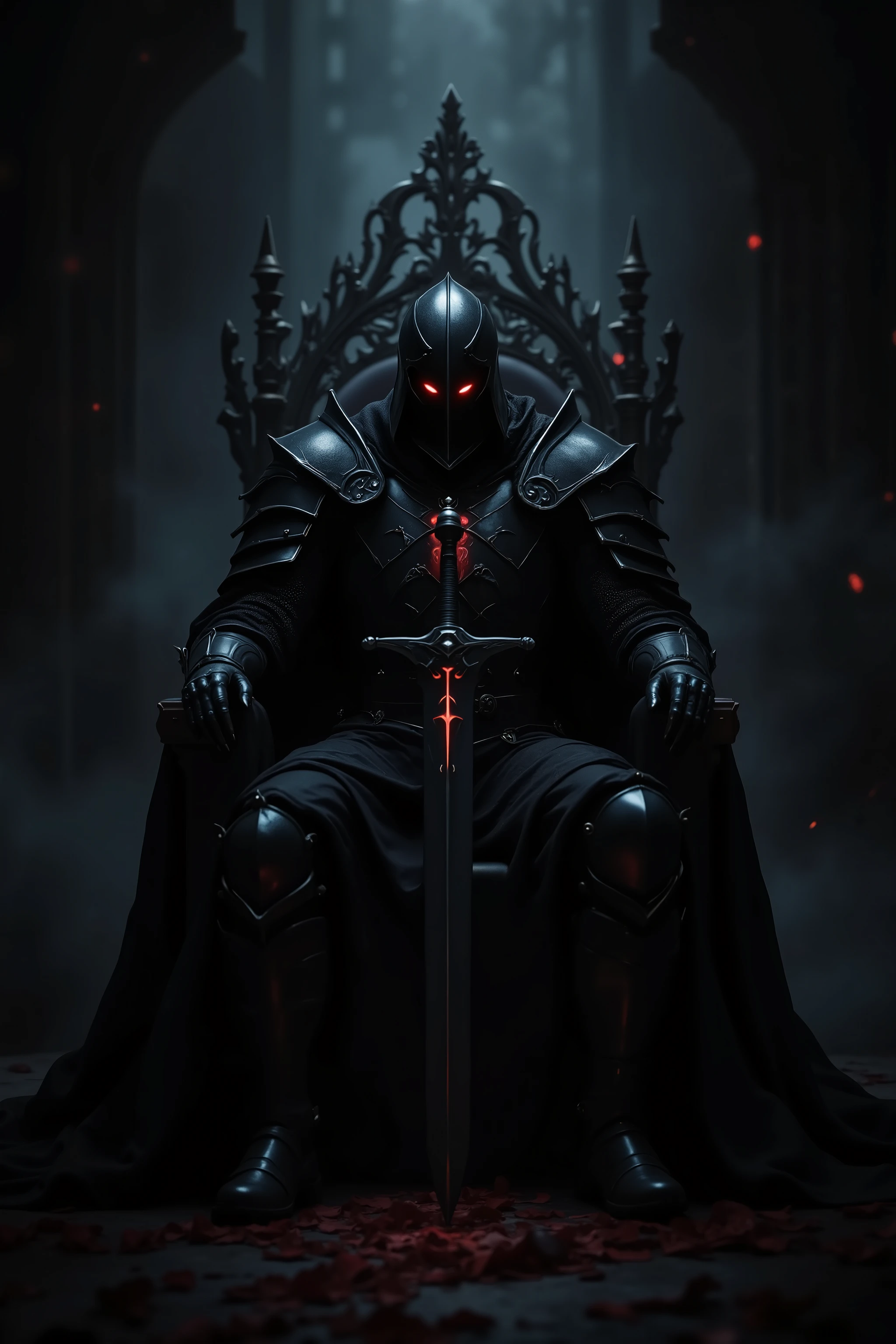 in a dark atmosphere,black knight with jet black arms seated on the throne,Red sharp gaze,with a giant jet black sword thrown to the ground,only the knight that rises against a dark background shines on the light,perfect historical atmosphere,Dark Fantasy,realistic,Masterpiece,Ultra HD,Super rich color,Studio Lighting,Physically Based Rendering,Extreme Details