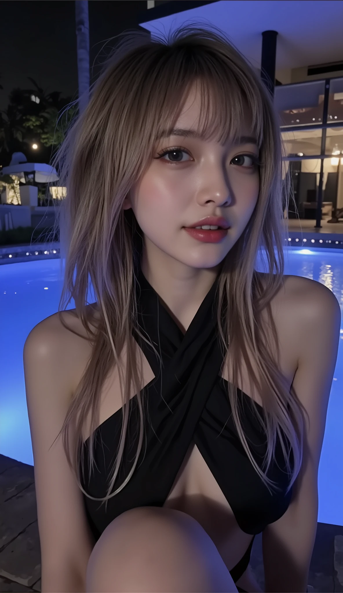 ((depicts a Korean pop idol girl。),((The halter neck completely covers tight breasts)),(( Resort,Night Pool,Extremely beautiful light up)),(Moonlight illuminates you),(smile),(beautiful Korean idol makeup,beautiful lips,dark eyeshadow,long lashes),shiny skin staring at the camera, Show view , beautiful hair, Pure Eyes , (Super Long Straight Hair,beautiful hair with point colors),(8k, Highest Quality , masterpiece:1.2, very detailed on trends),( anatomically correct, Ultra Detailed Skin ,Refers to 5 books )