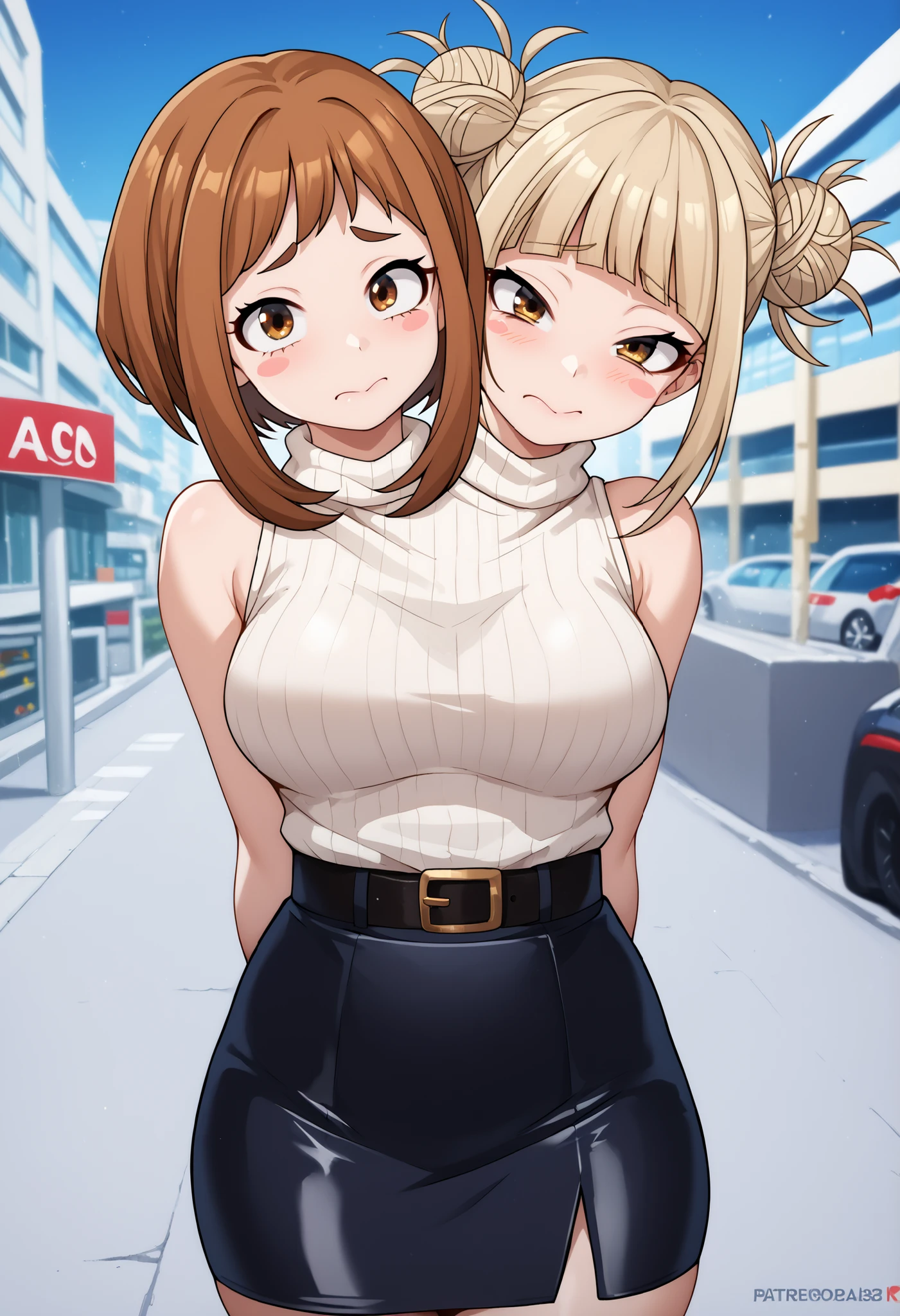 best resolution, anime woman with two heads, conjoined, score_9 , score_8_up , score_7_up , score_6_up , score_5_up , score_4_up, uraraka ochako and himiko toga , 2girls , different hair colors, blonde hair, brown hair , different eye colors, yellow eyes, brown eyes , different hairstyles, short hair, , medium breasts , pouting, ribbed black sleeveless sweater turtleneck, wrist watch on left hand, big leather belt on white skirt, high-waist long office skirt, embarrassed expression, looking at viewer, bending forwards, hands behind back, blush stickers , looking at viewer , city , sidewalk, night