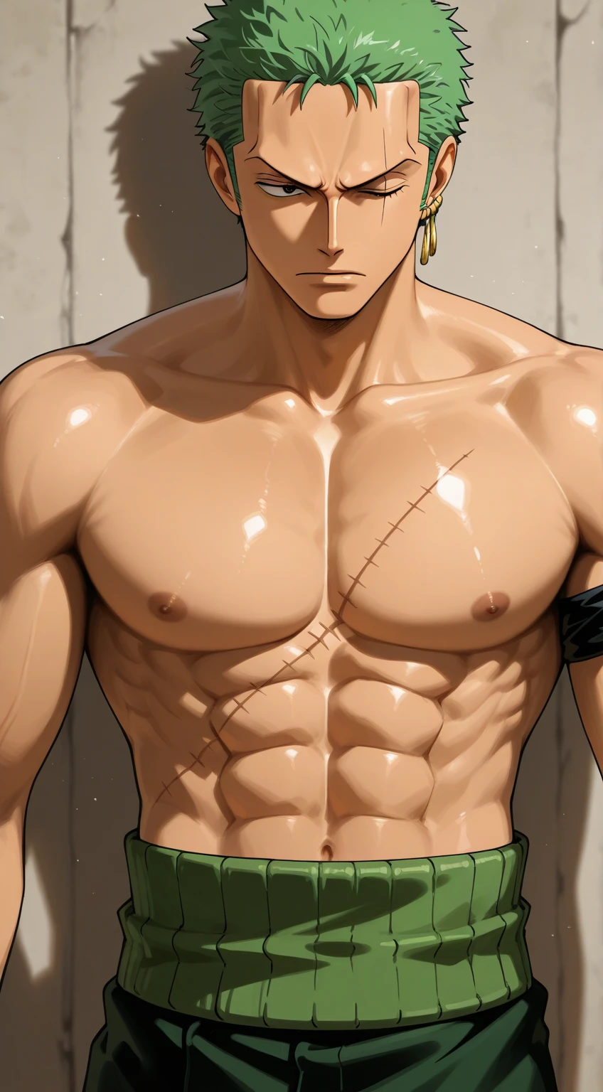 red skin, bright red skin, blushed shyly , rosy skin, shiny skin, red face shy (muscular thigh muscles )( anime style, art) (photo angle from bottom up) (photo angle from the ground upwards) [Anime photo][highest quality photo][4k,HD photo quality ] wear tight and short loincloths ,the loincloth bulges due to the erect male genitals (muscular thigh muscles, firm thigh muscles, muscular thigh muscles, sinewy thigh muscles, giant thigh muscles, strong leg muscles, muscular hamstring leg muscles)(thigh muscles bulging as if about to explode, muscular, calloused, sinewy, giant) , Deku ,fun, happy,bodybuilder,bodybuilding, standing, lots of sweat flowing down, topless, shirtless, hot sunny, 8 pack abs , green eyes,  green hair,  spiky and bouncy hair, Hands raised to reveal armpits, Hands behind the head.