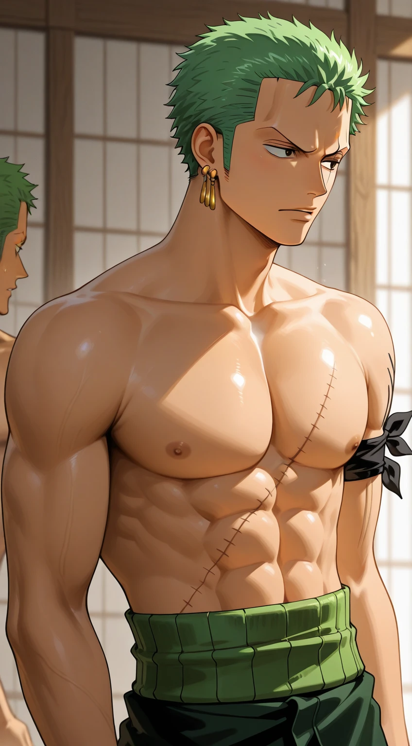 masterpiece, best quality, high quality, 1boy, solo, male focus, shirtless, closed eyes, asta, green eyes, black headband, grey hair, spike hair, lay on bed, hand behind head, side view, waist.