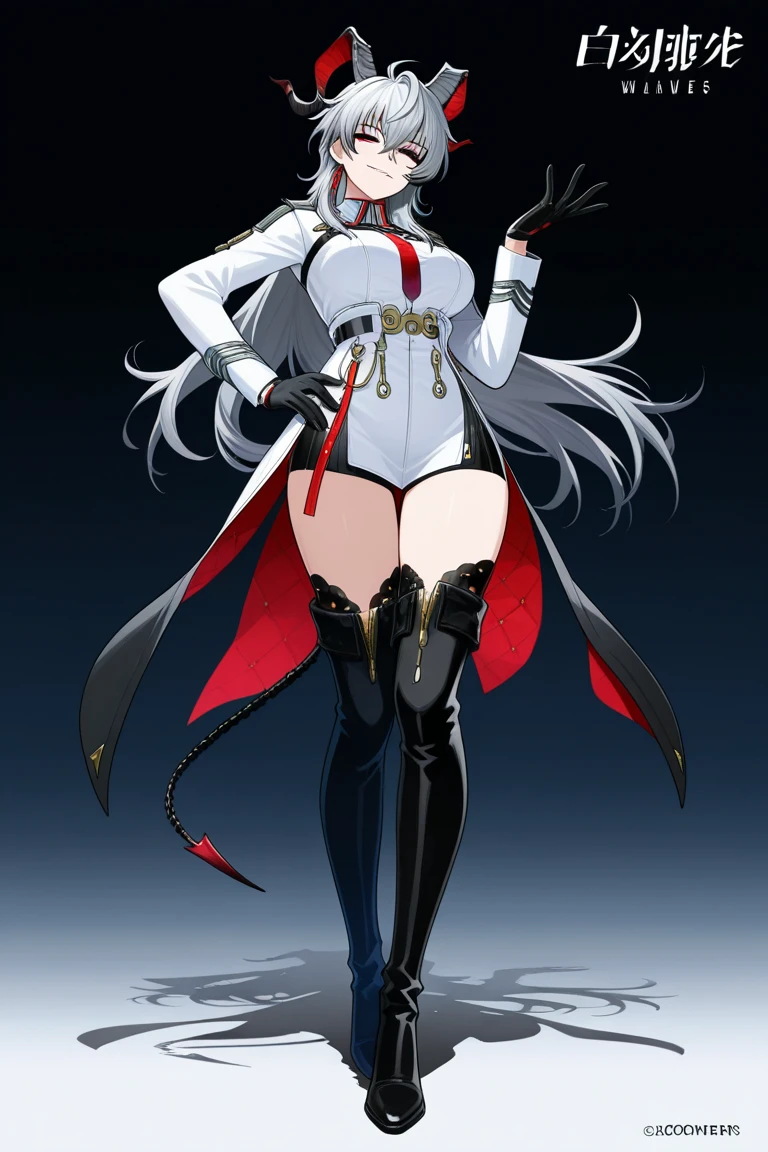 full body, solo, 1girl, looking at viewer,  silver hair, long coat, short dress,corset, pantyhose,red eyes,long hair, 
 braid right side ponytail, mature female, (masterpiece), detailed hands, detailed eyes, beautiful face, beautiful eyes, perfect hands, looking at the viewer, left hand resting in her chest, right and posing, orange eyeshadow 
