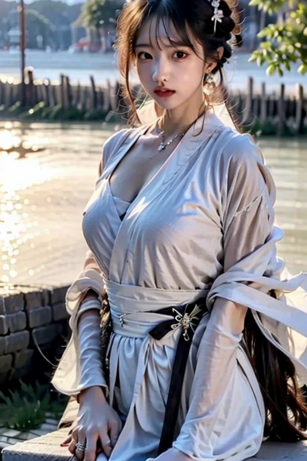 1 girl,At sunset, the warm sunlight adds a golden hue to the scene. Wearing a flowing (white dress with transparent sleeves and a cinched waist: 1.4), blown by the breeze, and wearing earrings, she stands on the dock and looks at the sunset in the distance. The water is calm, with soft ripples, and the outline of the distant coastline can be vaguely seen in the background,,open lips,charming smile,((huge breasts), shiny skin,Detailed hair,(tattooed:1.2),((8k, RAW photos, top quality, masterpieces)), high-definition RAW color photos professional photos, (realistic, photorealism: 1.37), (highest quality), (best shadows), ( ultra high resolution, high-definition CG unified 8K wallpapers, physically based rendering, movie lighting),Nanami