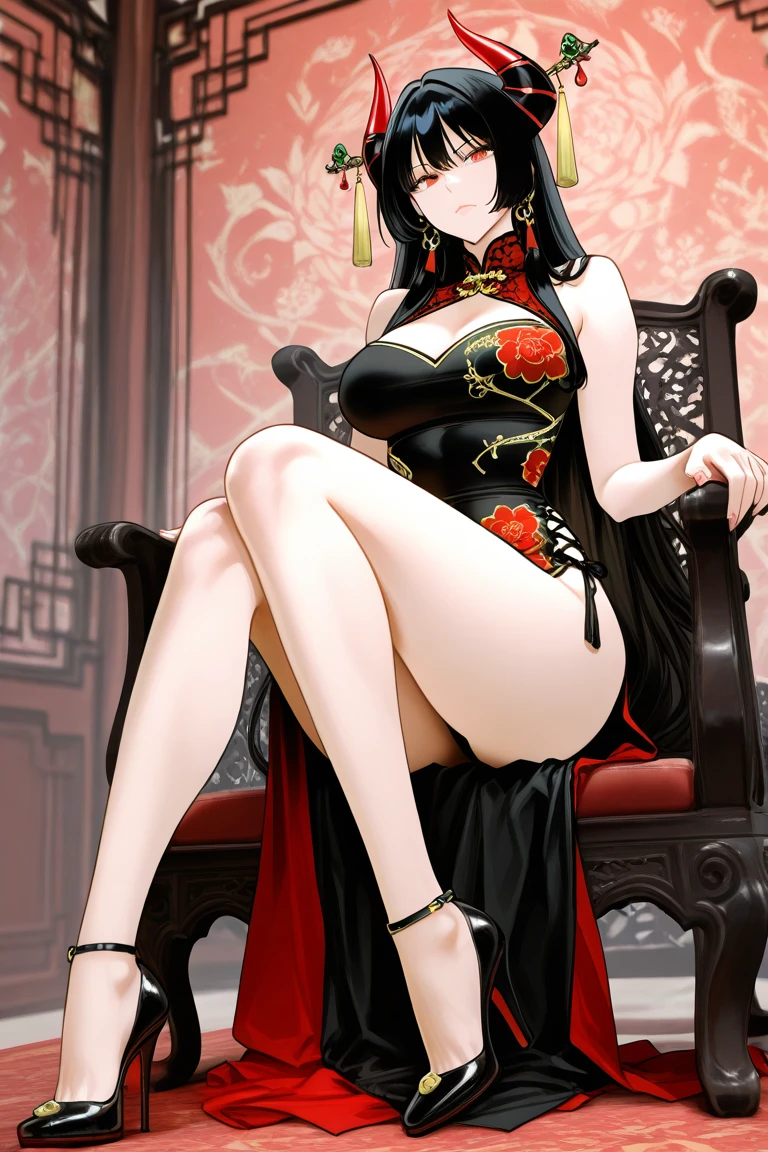 Boa Hancock,sitting on the throne, whole body,crossed legs, big breasts,I look at the viewer,I look with pity,a high resolution,High quality, masterpiece ,sfw,sexy, mocking , mocking smile,leash in hand, white heels